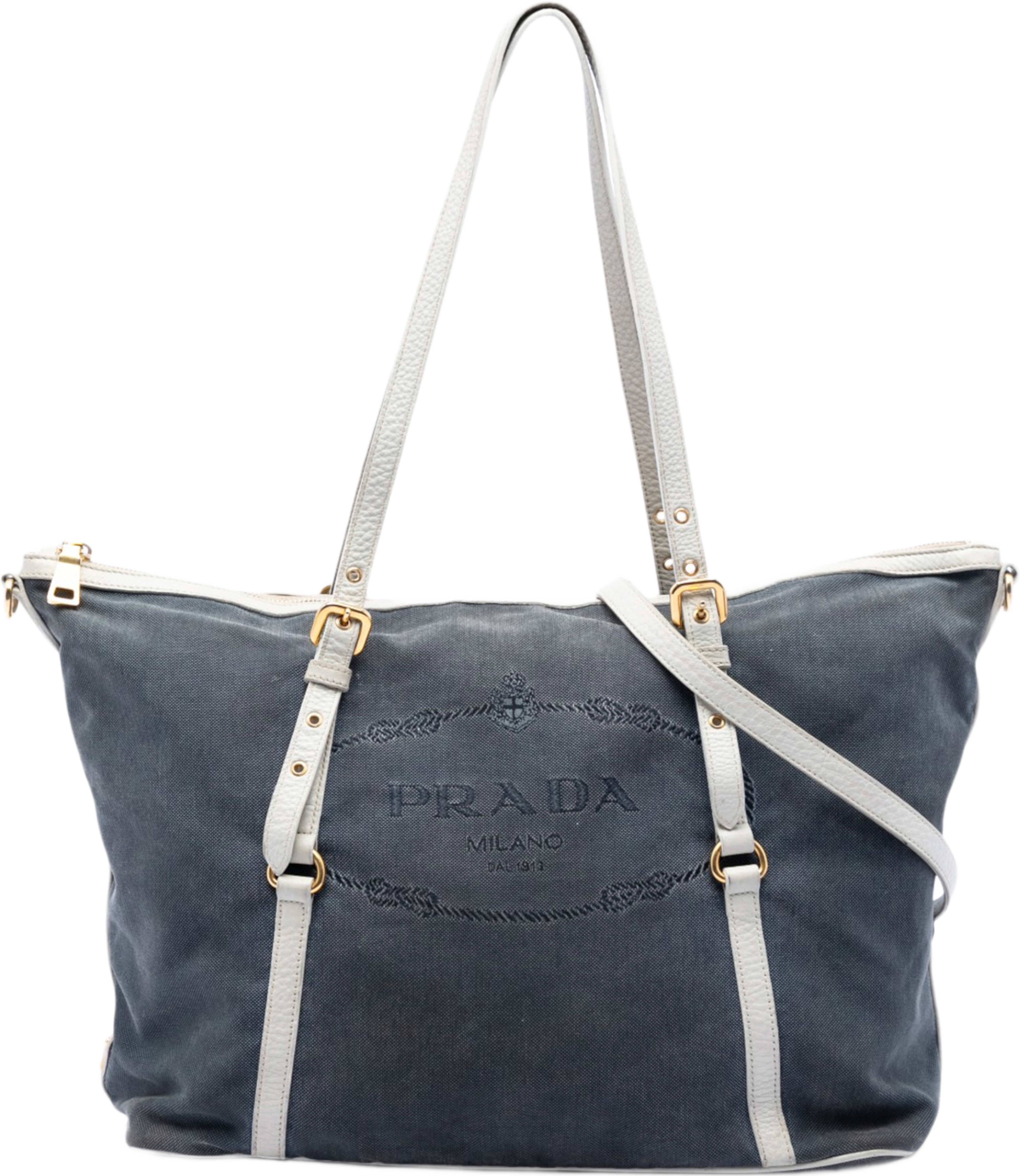 Prada Canvas Canapa Logo Satchel, från Luxclusif, i färgen blå. Klicka för att öppna bilden i stort format