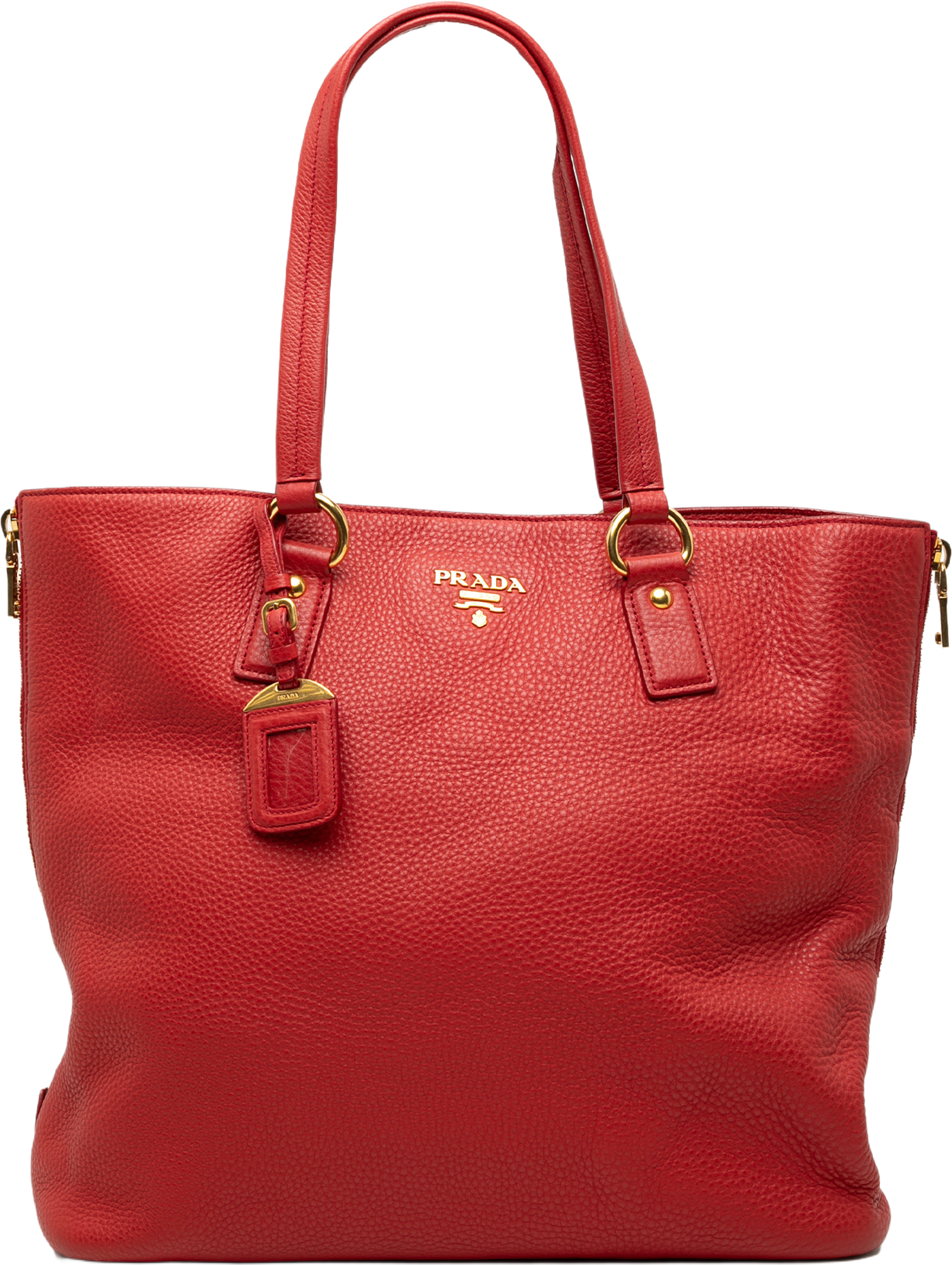 Prada Vitello Daino Side Zip Tote, från Luxclusif, i färgen red. Klicka för att öppna bilden i stort format