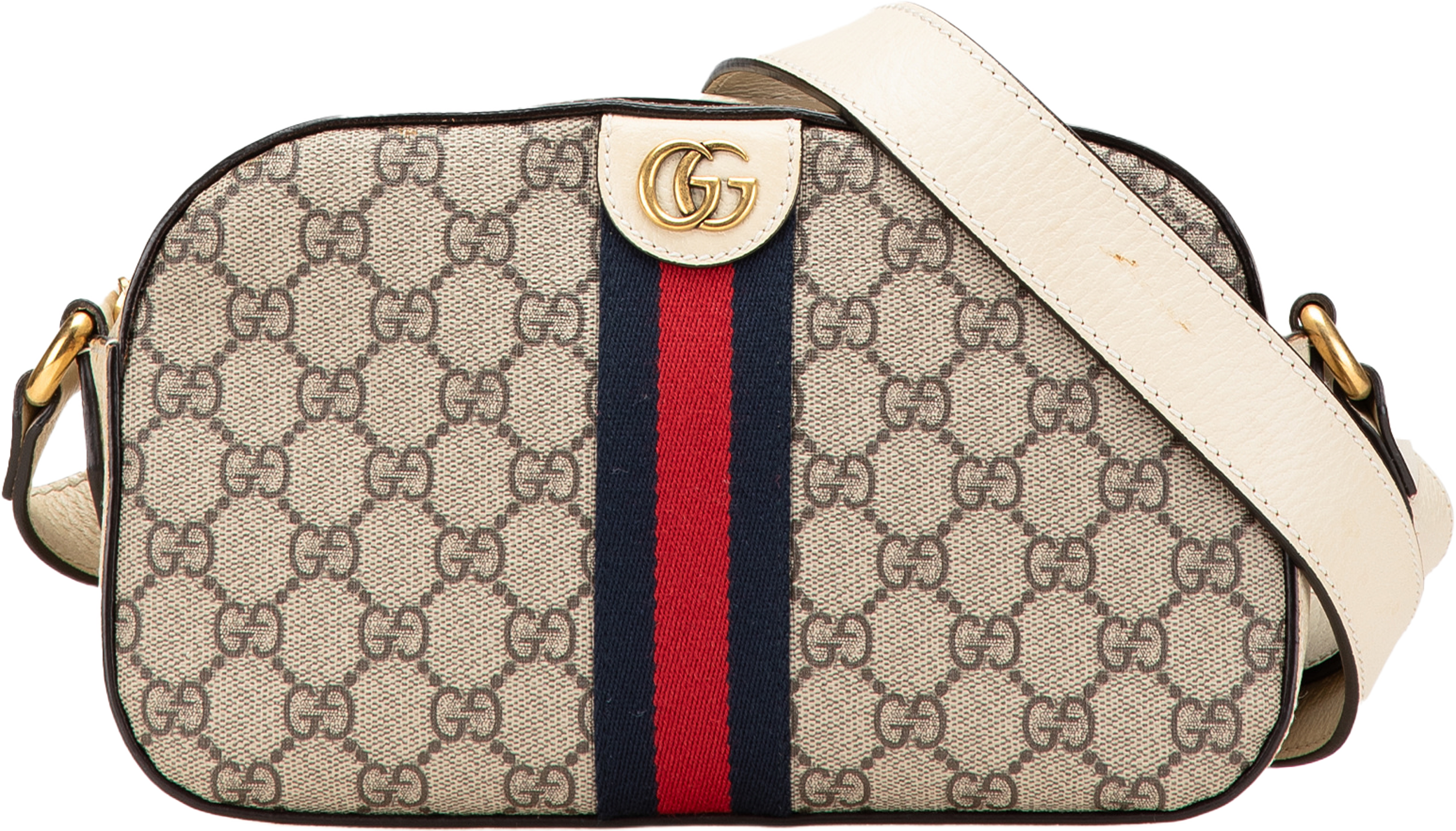 Gucci Small Gg Supreme Textured Calfskin Web Ophidia Camera Bag, från Luxclusif, i färgen beige. Klicka för att öppna bilden i stort format