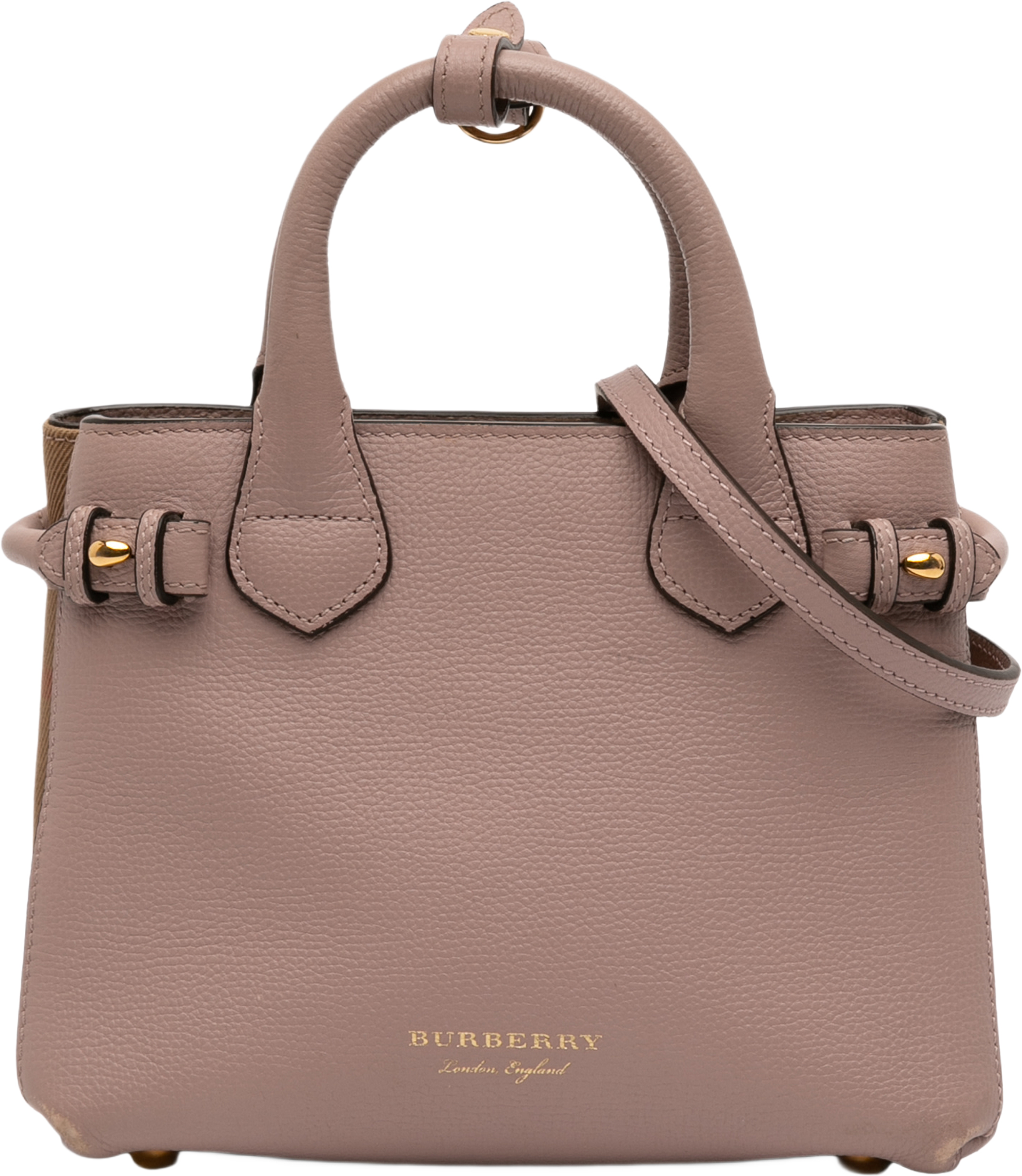 Burberry Small Leather And House Check Banner Satchel, från Luxclusif, i färgen pink. Klicka för att öppna bilden i stort format