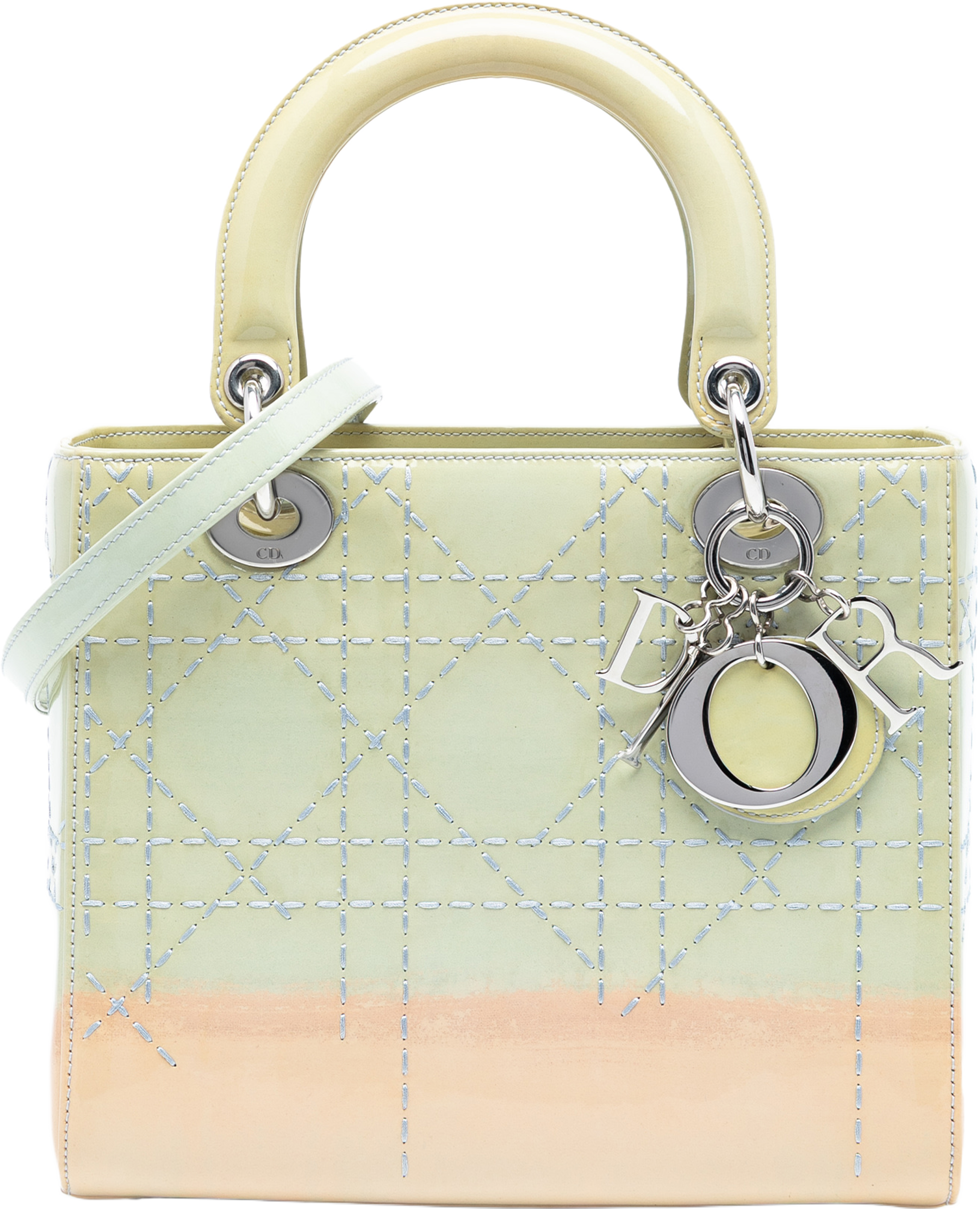 Dior Medium Ombre Patent Cannage Lady Dior, från Luxclusif, i färgen light green. Klicka för att öppna bilden i stort format