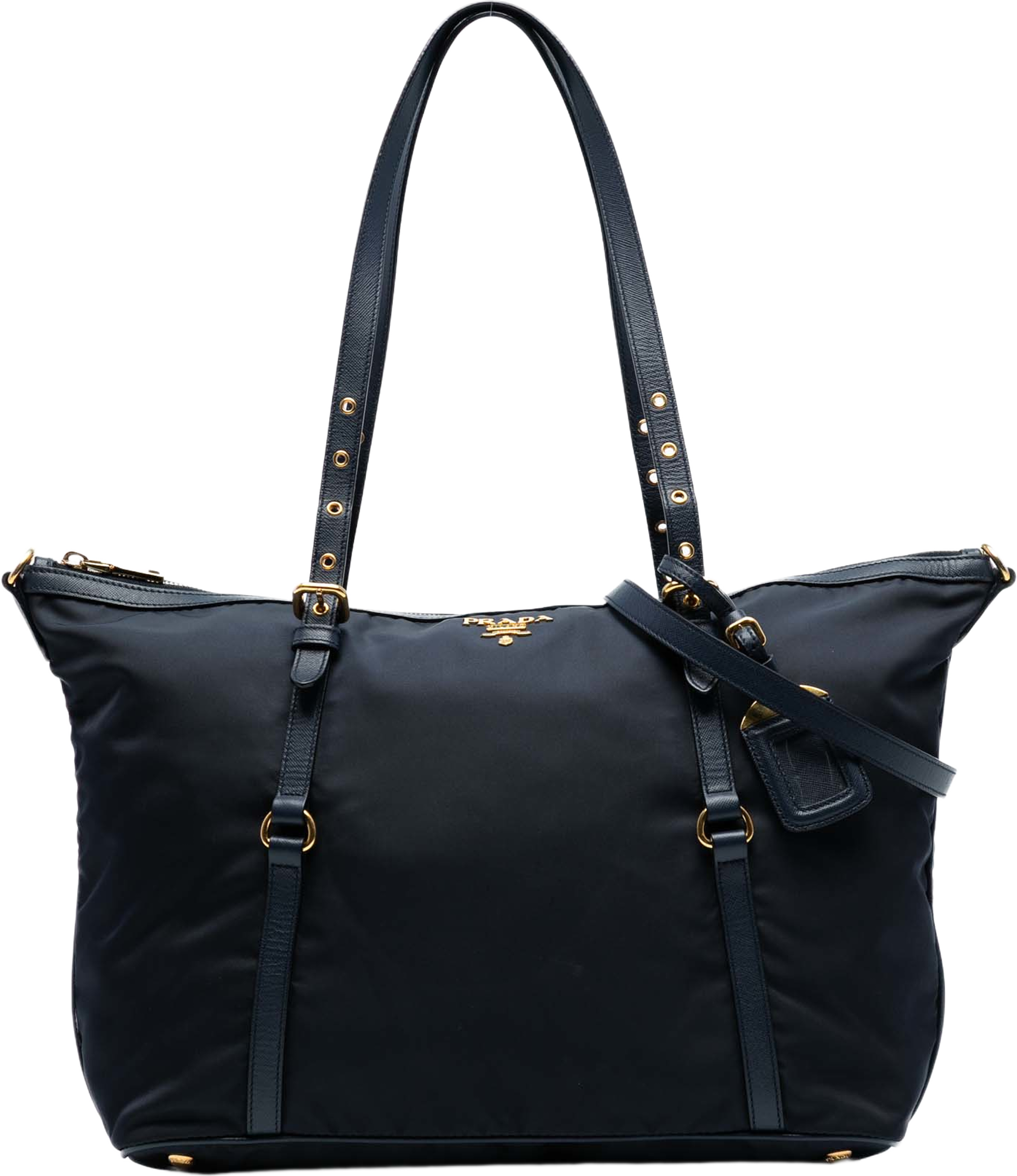 Prada Saffiano Trimmed Tessuto Zip Top Convertible Tote, från Luxclusif, i färgen navy. Klicka för att öppna bilden i stort format