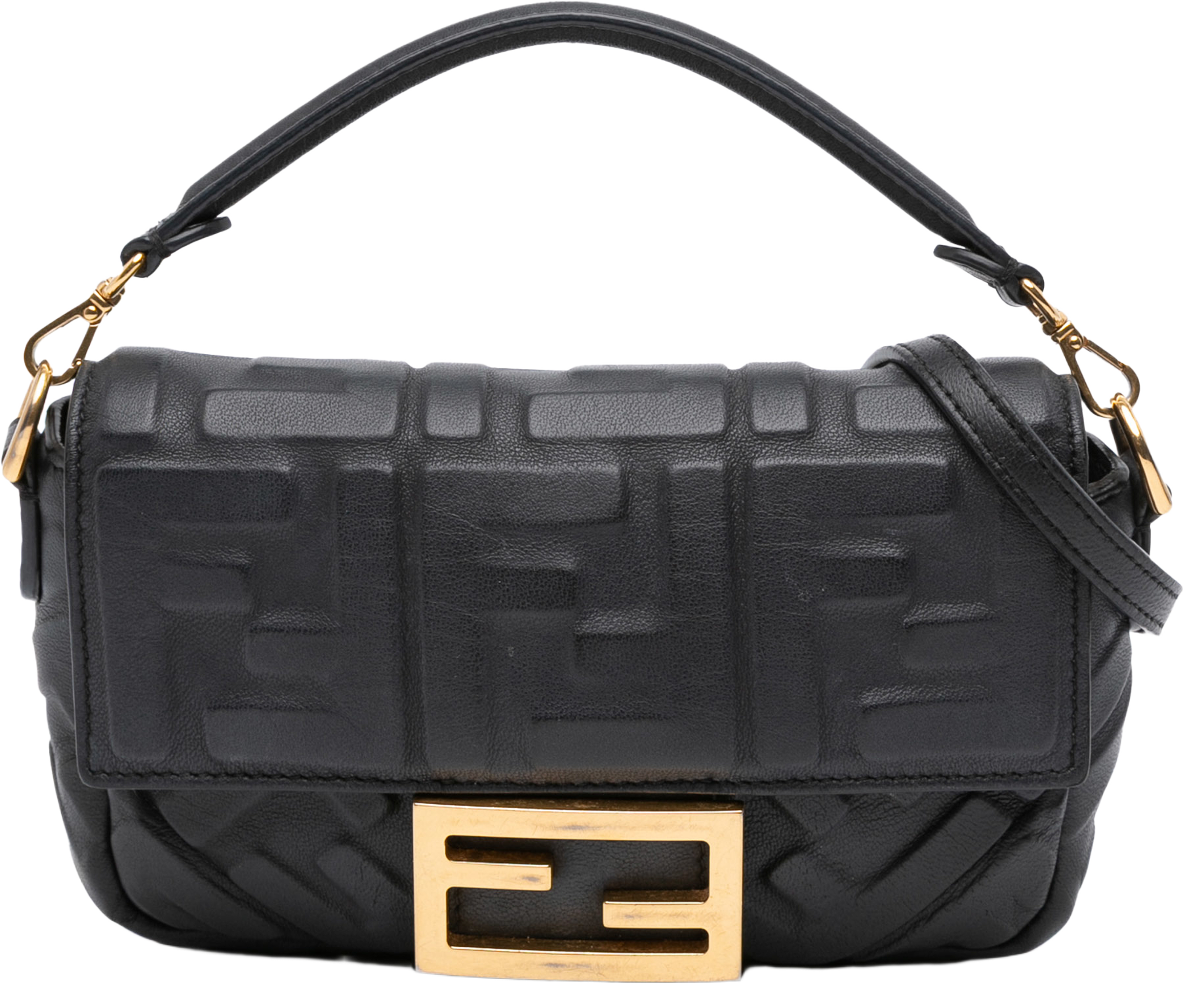 Fendi Mini Zucca Embossed Leather Baguette Satchel, från Luxclusif, i färgen black. Klicka för att öppna bilden i stort format