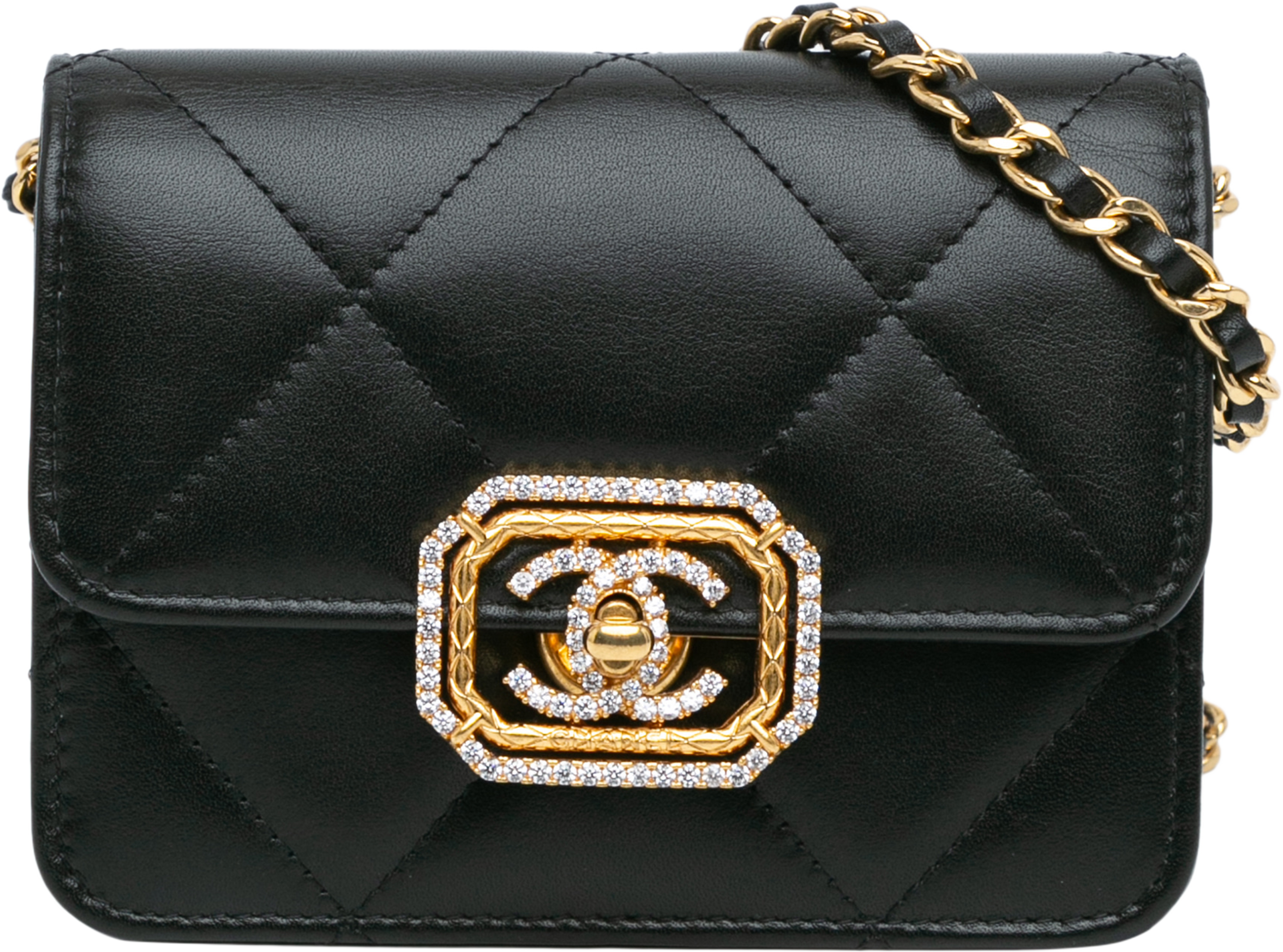 Chanel Quilted Calfskin Strass Card Holder On Chain