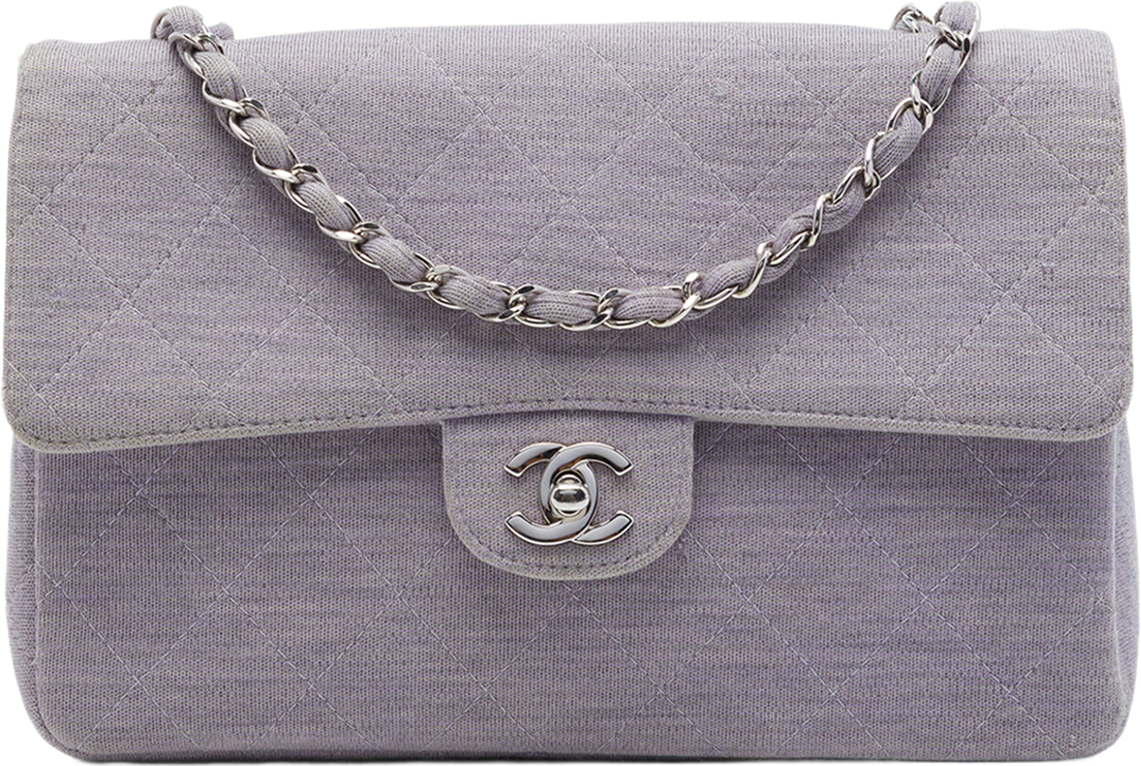 Chanel Medium Classic Jersey Single Flap, från Luxclusif, i färgen purpur. Klicka för att öppna bilden i stort format