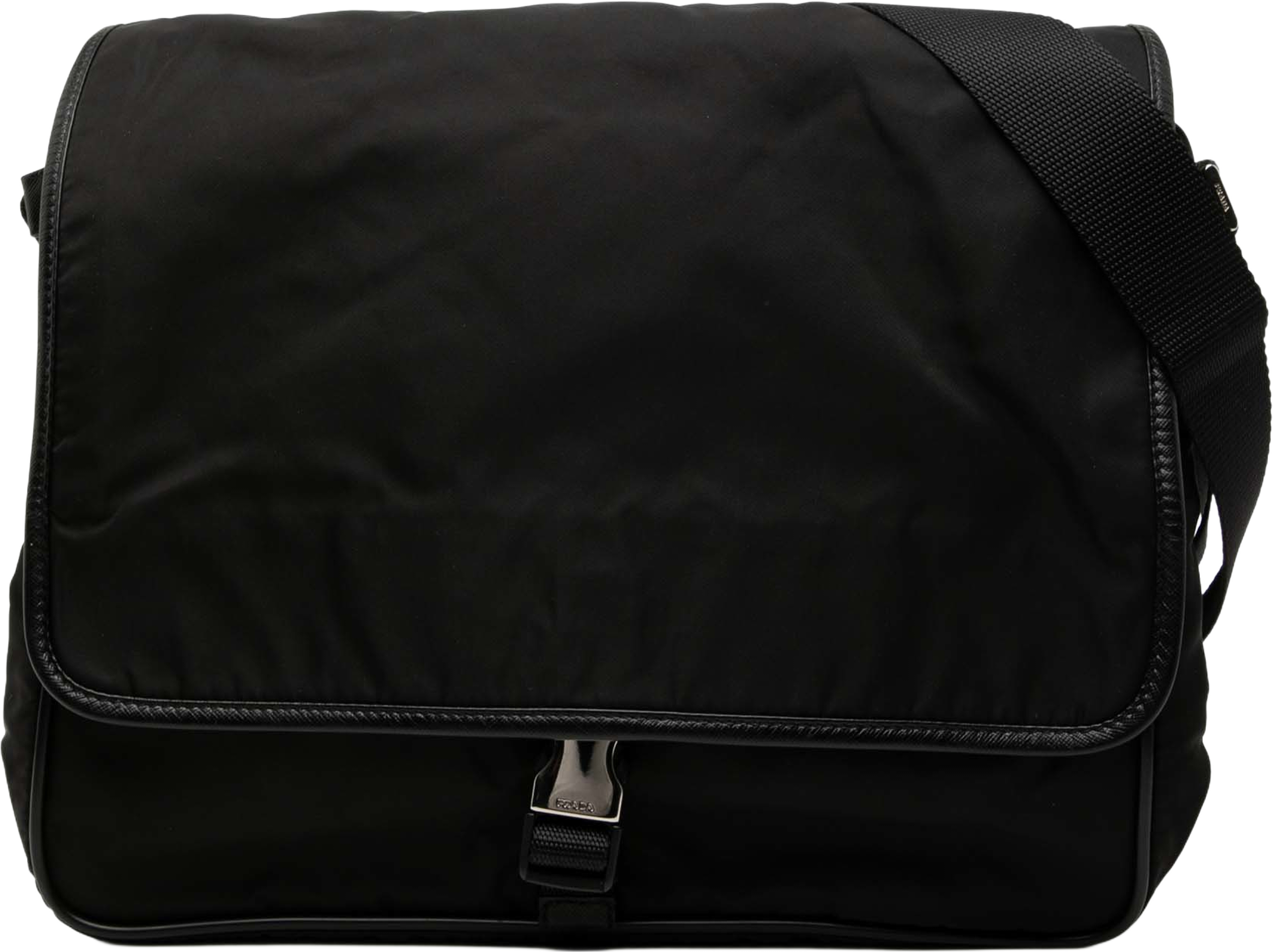 Prada Saffiano Trimmed Tessuto Buckle Messenger Bag, från Luxclusif, i färgen black. Klicka för att öppna bilden i stort format