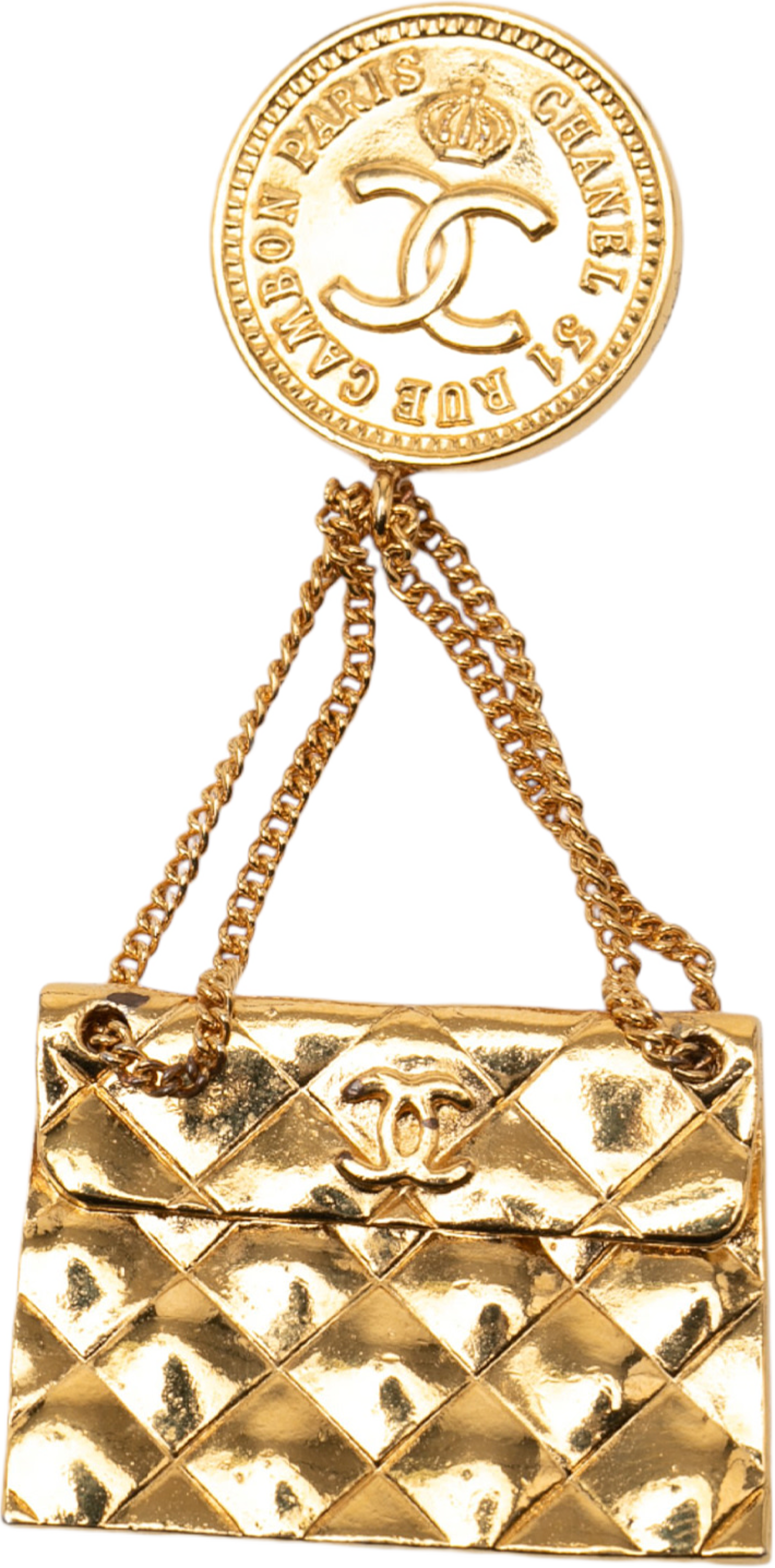Chanel Cc Gold Plated Quilted Flap Bag Medallion Brooch, från Luxclusif, i färgen gold. Klicka för att öppna bilden i stort format