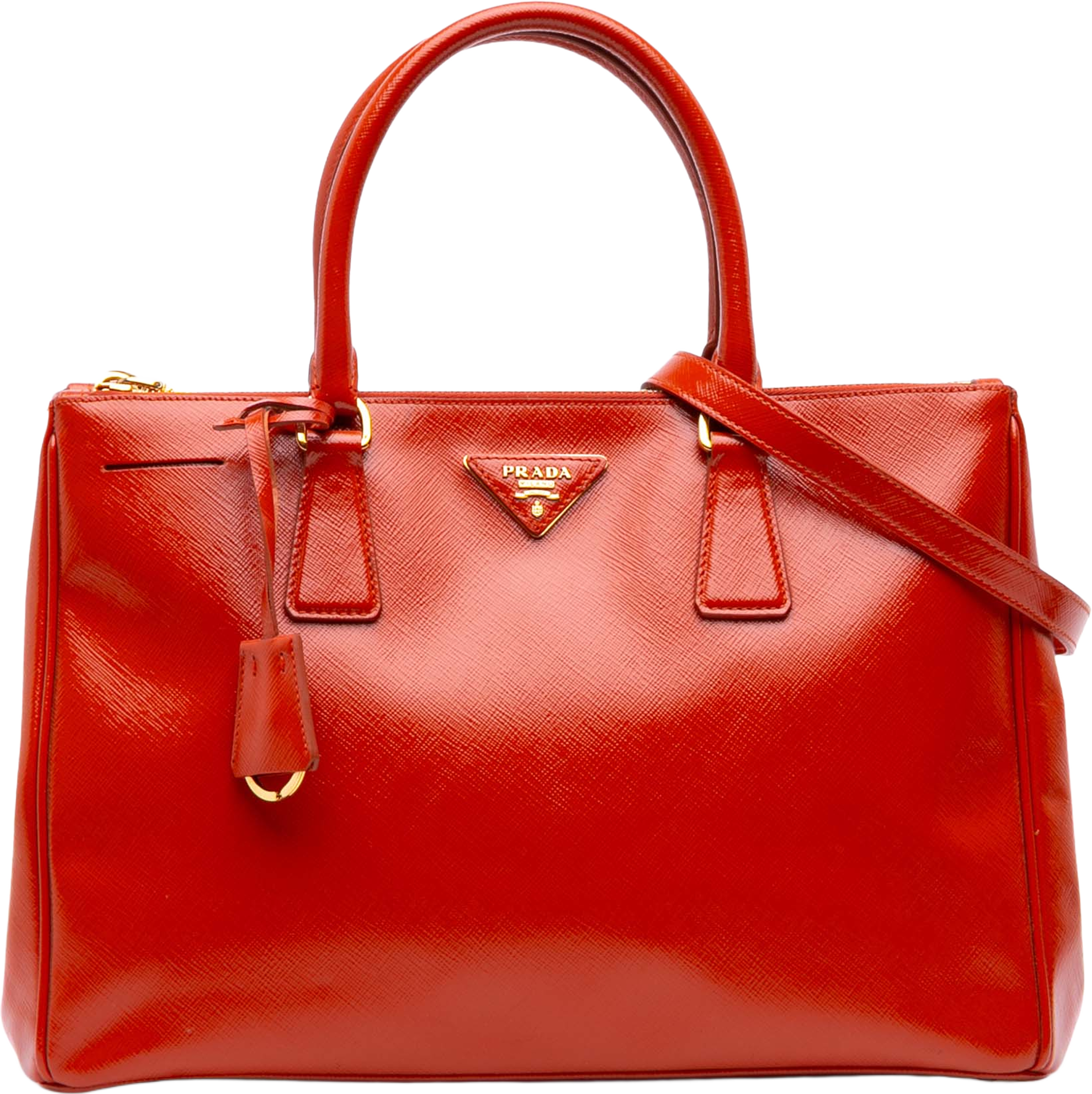 Prada Medium Saffiano Vernice Galleria Double Zip Satchel, från Luxclusif, i färgen red. Klicka för att öppna bilden i stort format