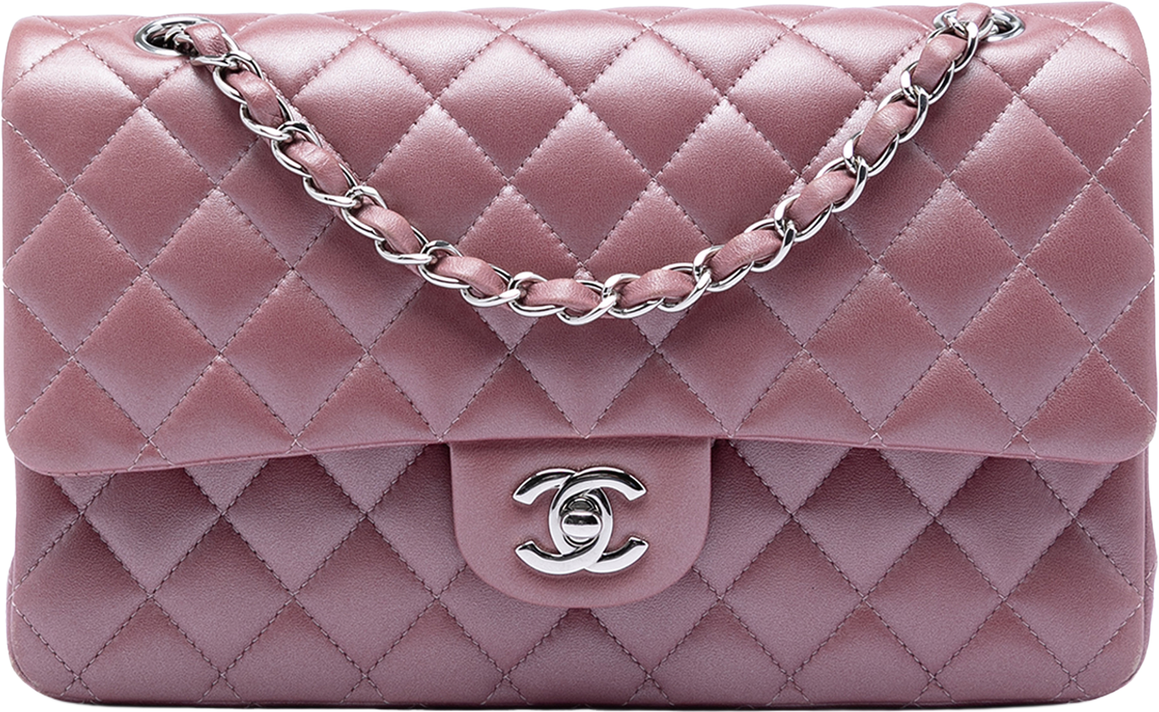 Chanel Medium Metallic Classic Lambskin Double Flap, från Luxclusif, i färgen rose gold. Klicka för att öppna bilden i stort format
