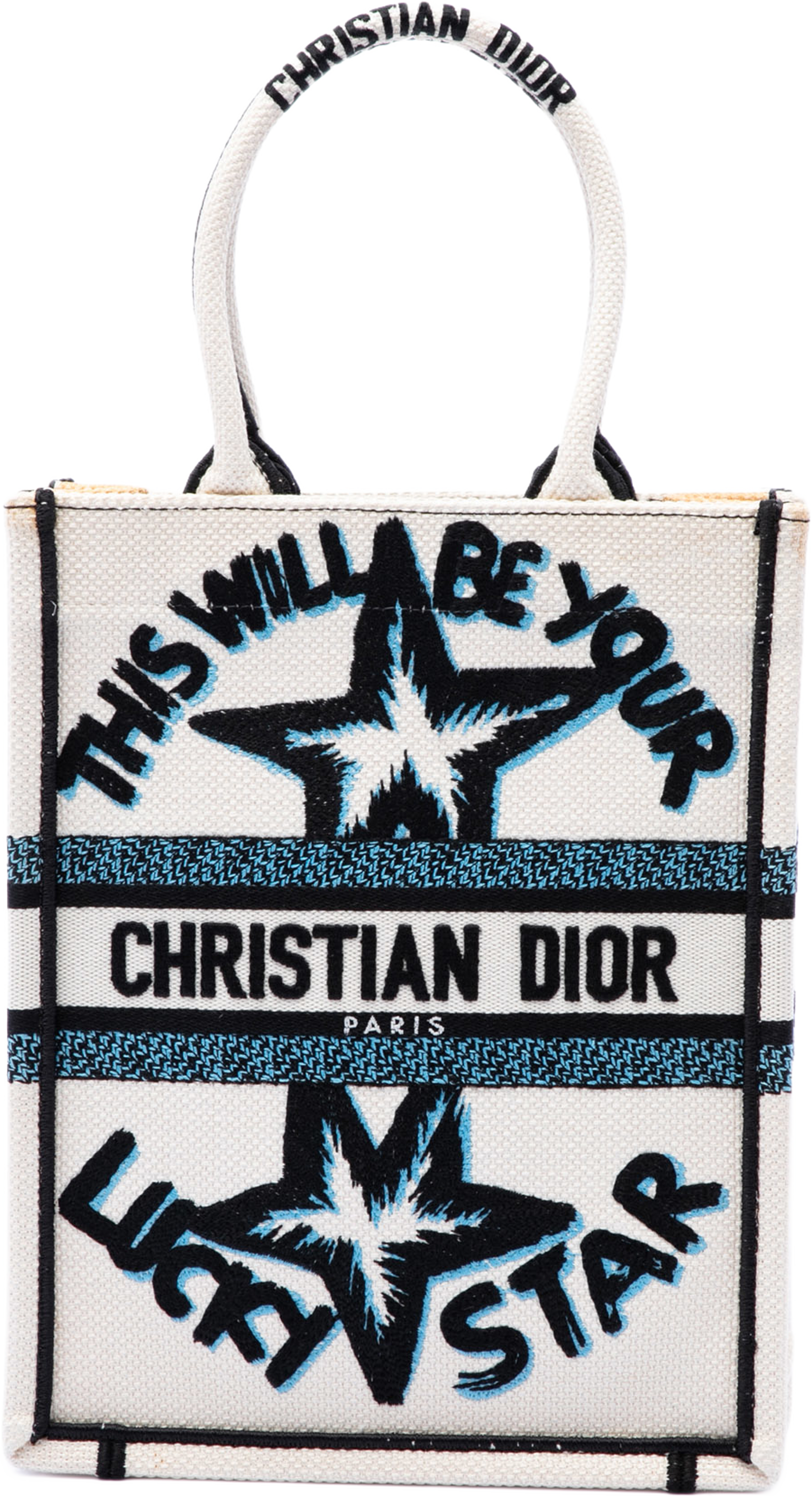 Dior Embroidered Canvas Lucky Star Vertical Book Tote, från Luxclusif, i färgen vit. Klicka för att öppna bilden i stort format
