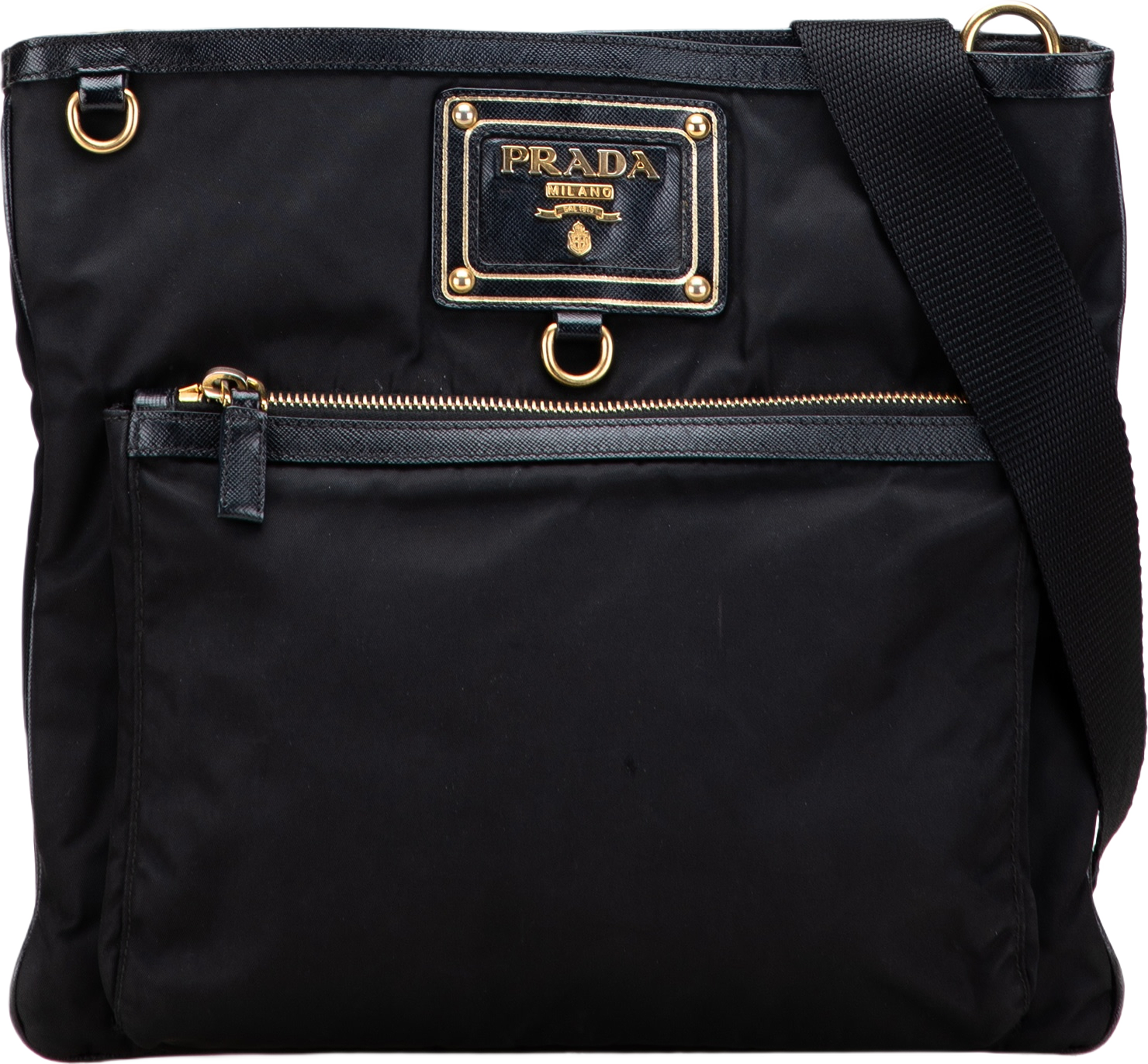 Prada Saffiano Trimmed Tessuto Snap Crossbody, från Luxclusif, i färgen black. Klicka för att öppna bilden i stort format