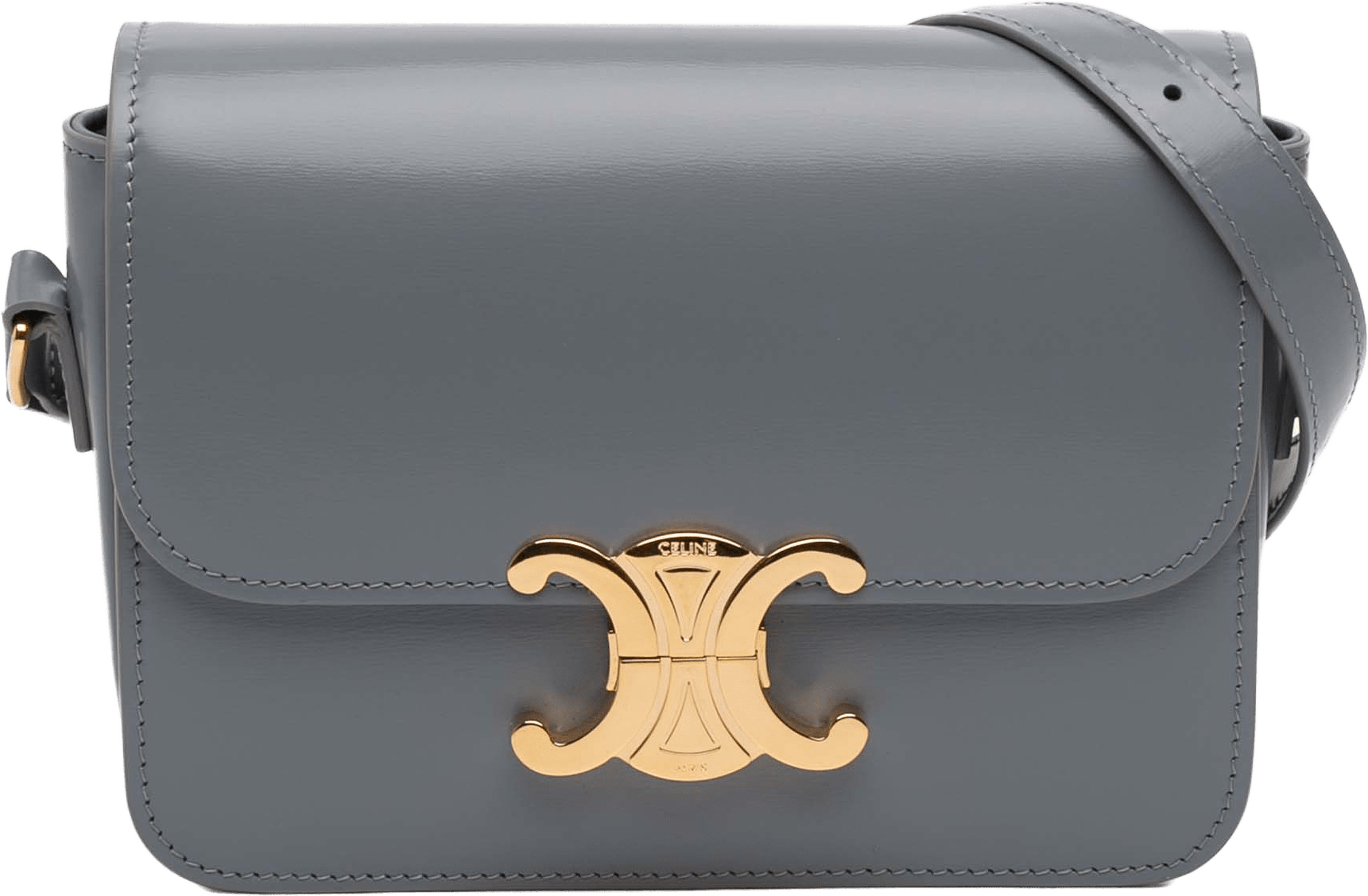 Celine Teen Shiny Calfskin Triomphe Crossbody, från Luxclusif, i färgen gray. Klicka för att öppna bilden i stort format