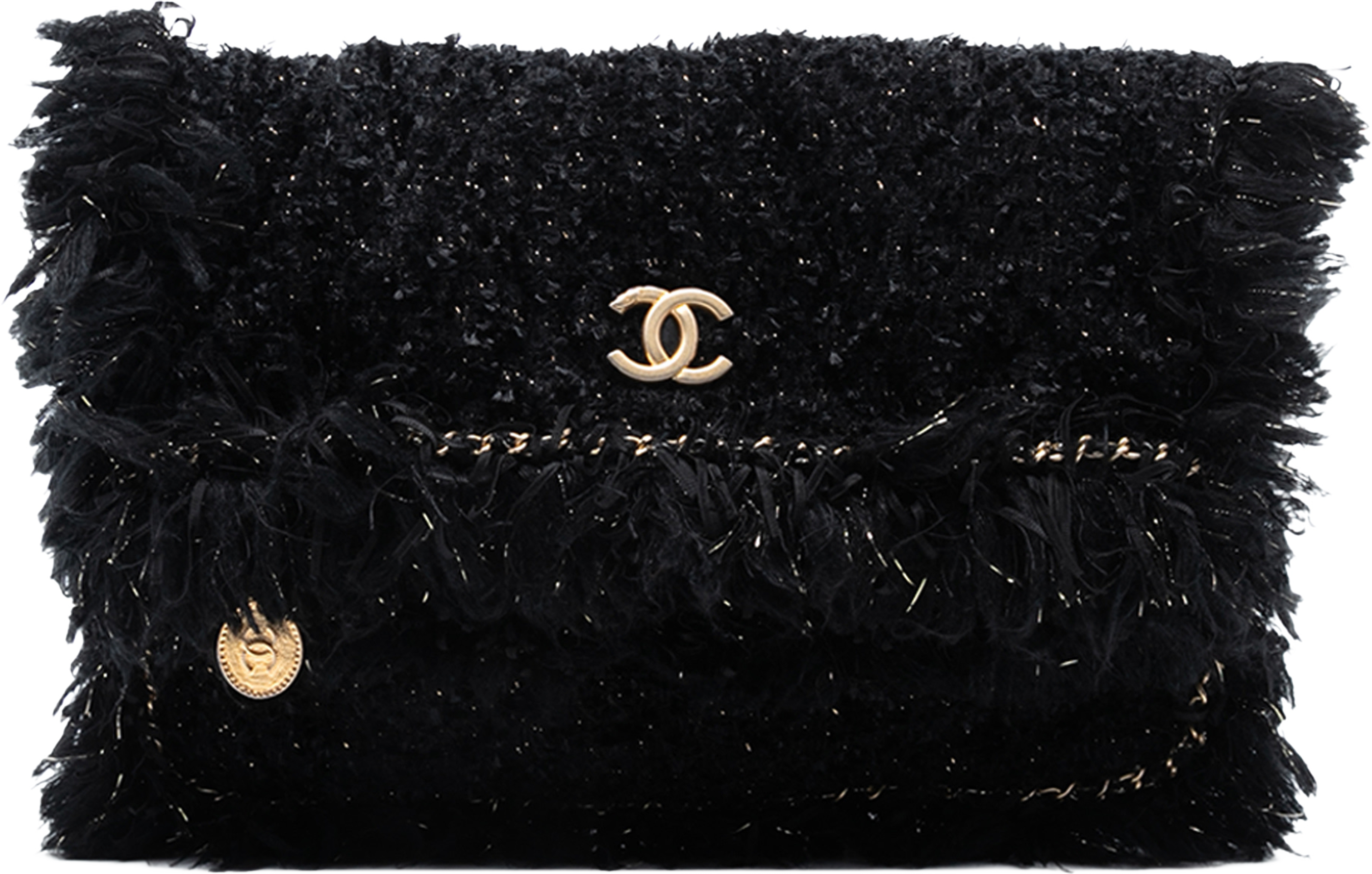 Chanel Paris Cosmopolite Tweed Fringe Clutch, från Luxclusif, i färgen black. Klicka för att öppna bilden i stort format