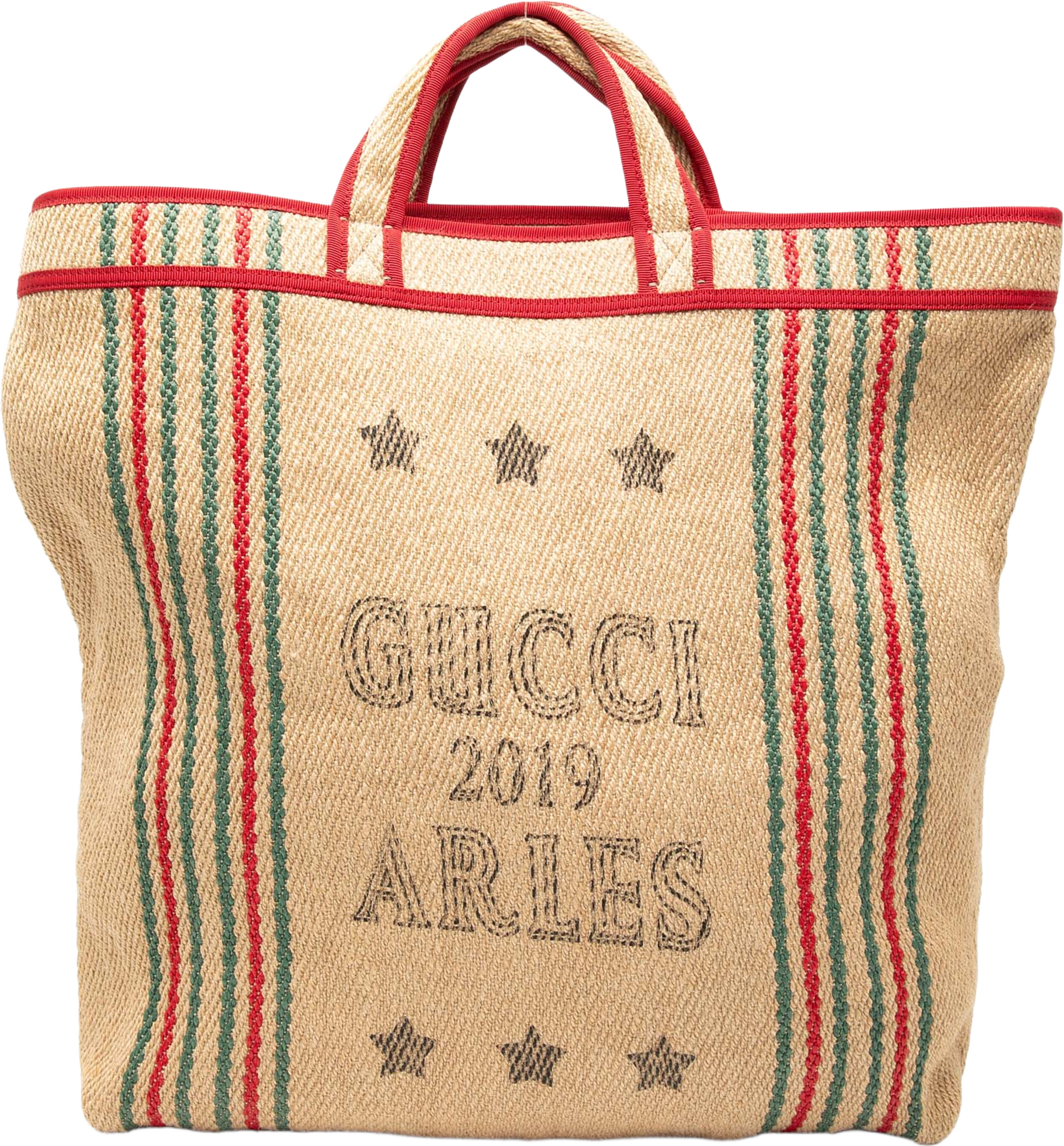 Gucci Jute Arles Printed Tote, från Luxclusif, i färgen beige. Klicka för att öppna bilden i stort format