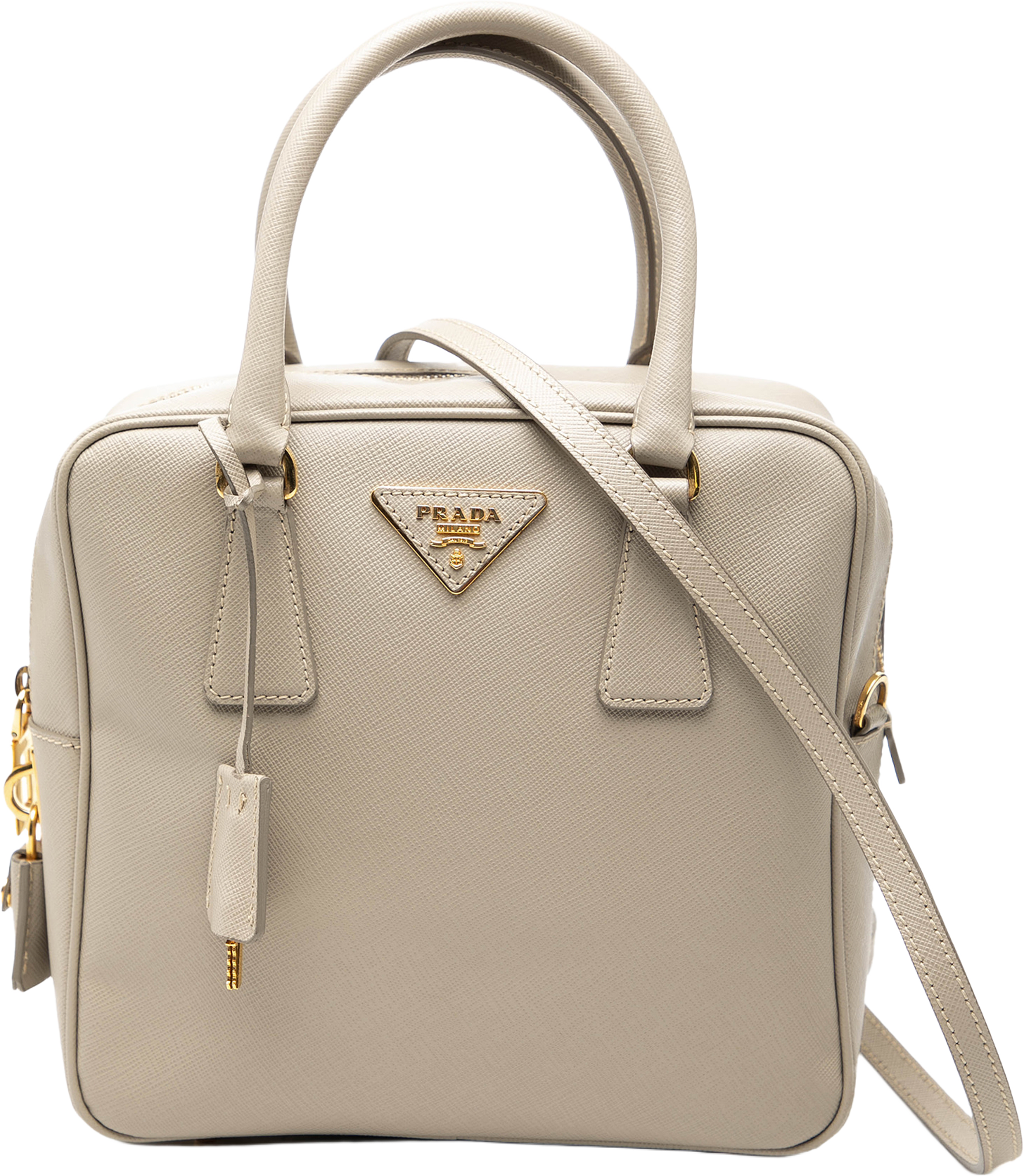 Prada Saffiano Lux Satchel, från Luxclusif, i färgen beige. Klicka för att öppna bilden i stort format