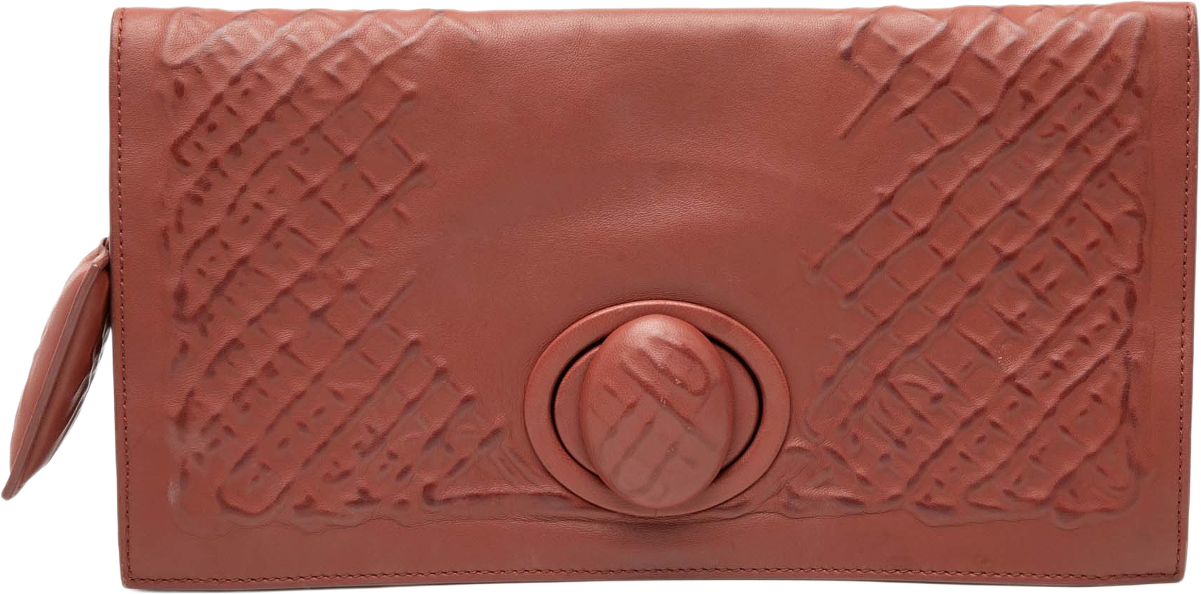 Bottega Veneta Nappa Embossed Intrecciato Turn Lock Clutch, från Luxclusif, i färgen rust. Klicka för att öppna bilden i stort format