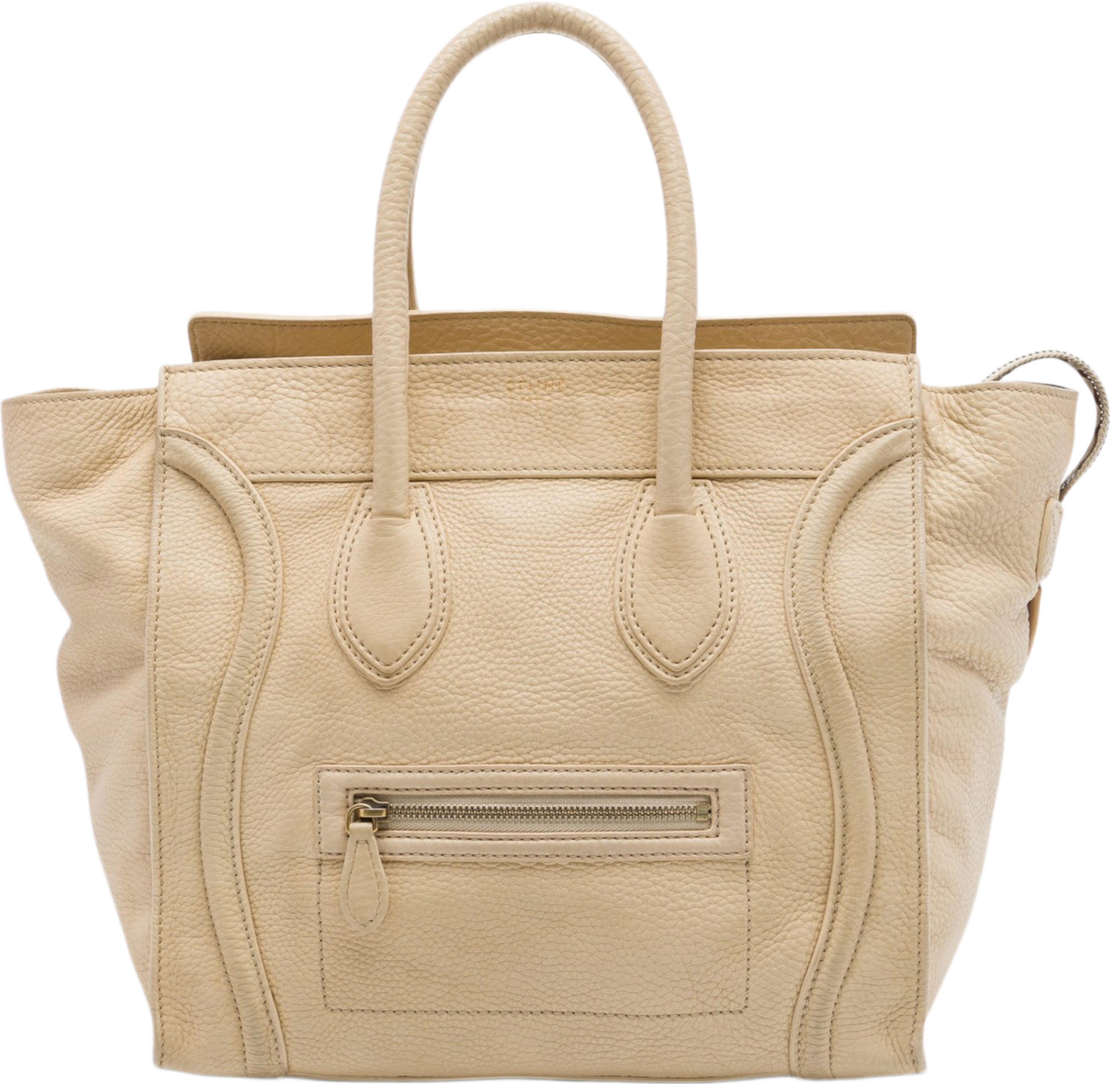 Celine Mini Drummed Calfskin Luggage Tote, från Luxclusif, i färgen beige. Klicka för att öppna bilden i stort format