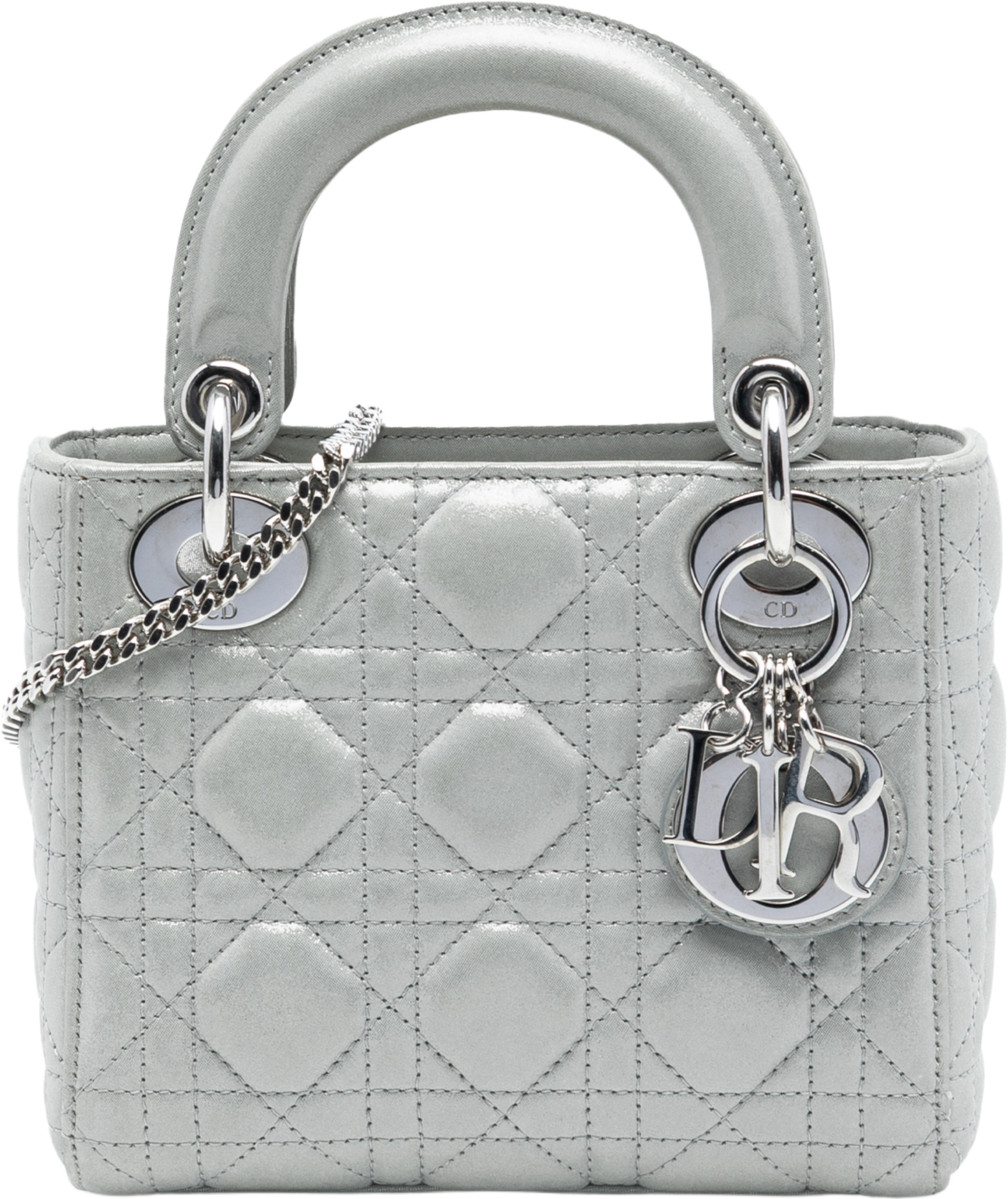 Dior Mini Iridescent Lambskin Cannage Lady Dior, från Luxclusif, i färgen silver. Klicka för att öppna bilden i stort format