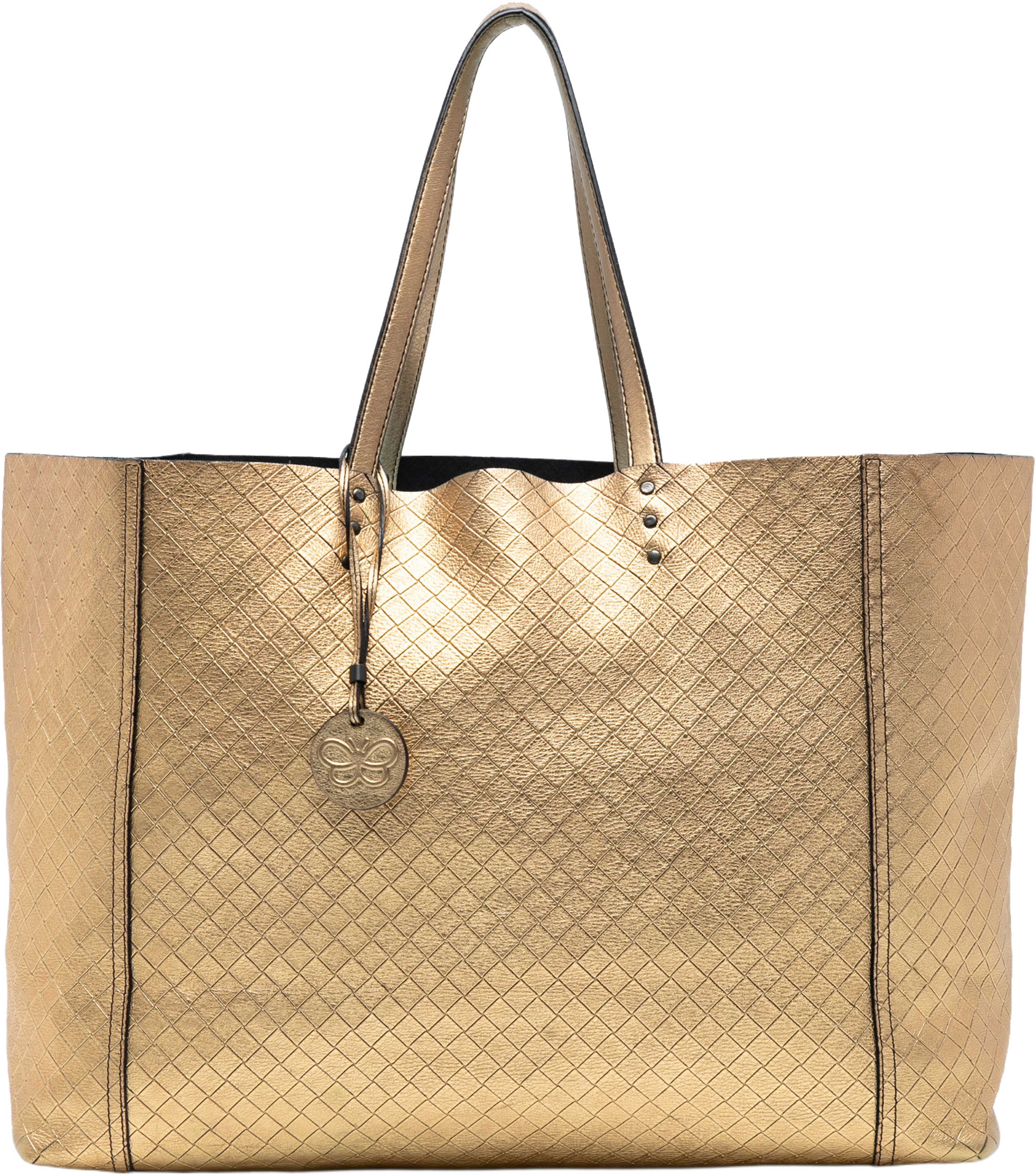 Bottega Veneta Metallic Leather Intrecciomirage Tote, från Luxclusif, i färgen gold. Klicka för att öppna bilden i stort format