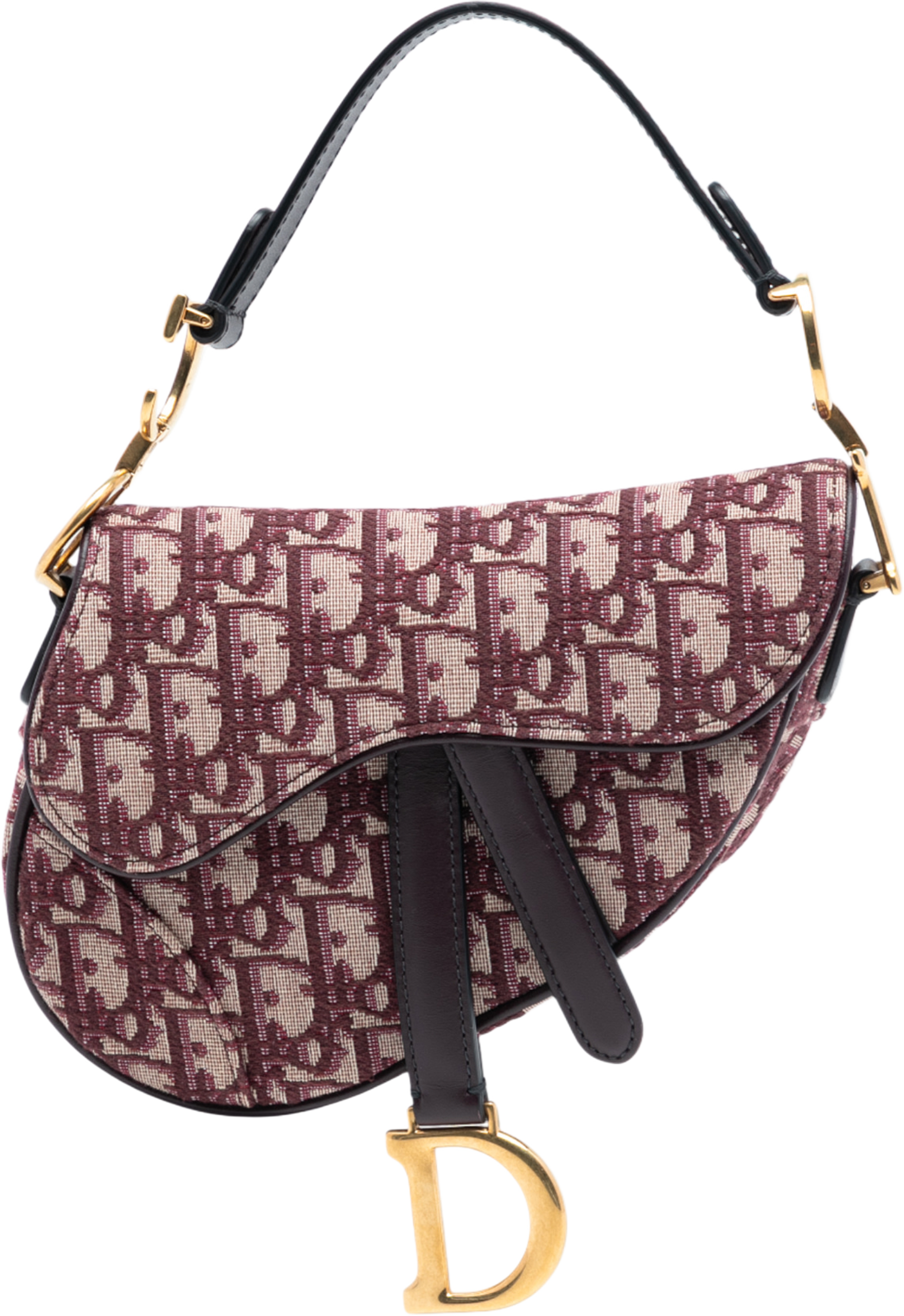 Dior Mini Oblique Canvas Saddle Bag, från Luxclusif, i färgen bordeaux. Klicka för att öppna bilden i stort format