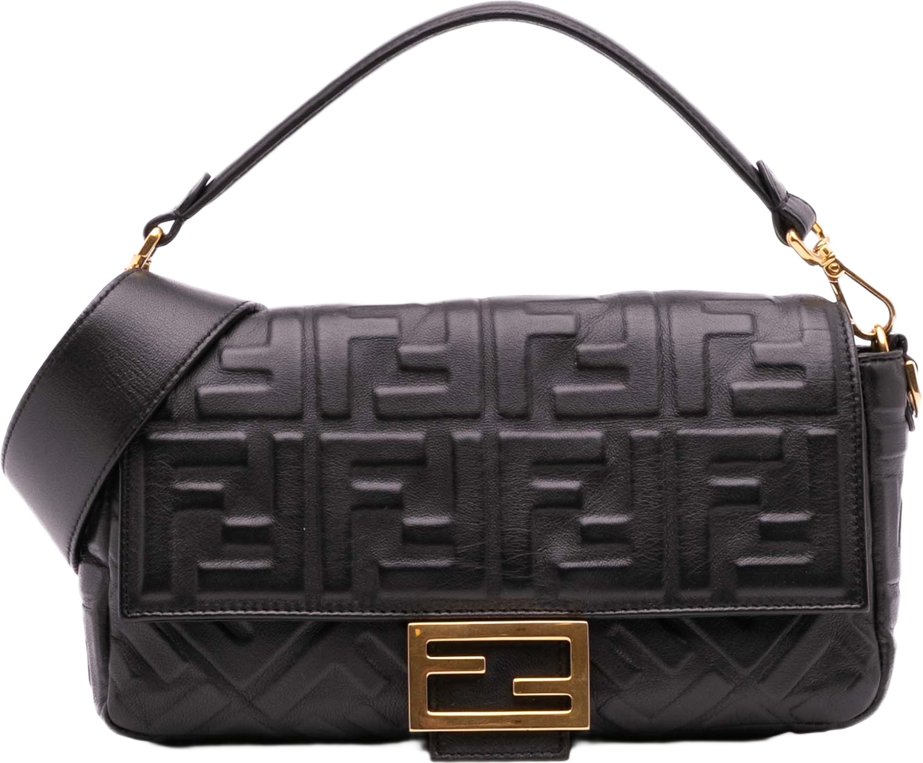 Fendi Zucca Embossed Leather Baguette Satchel, från Luxclusif, i färgen black. Klicka för att öppna bilden i stort format