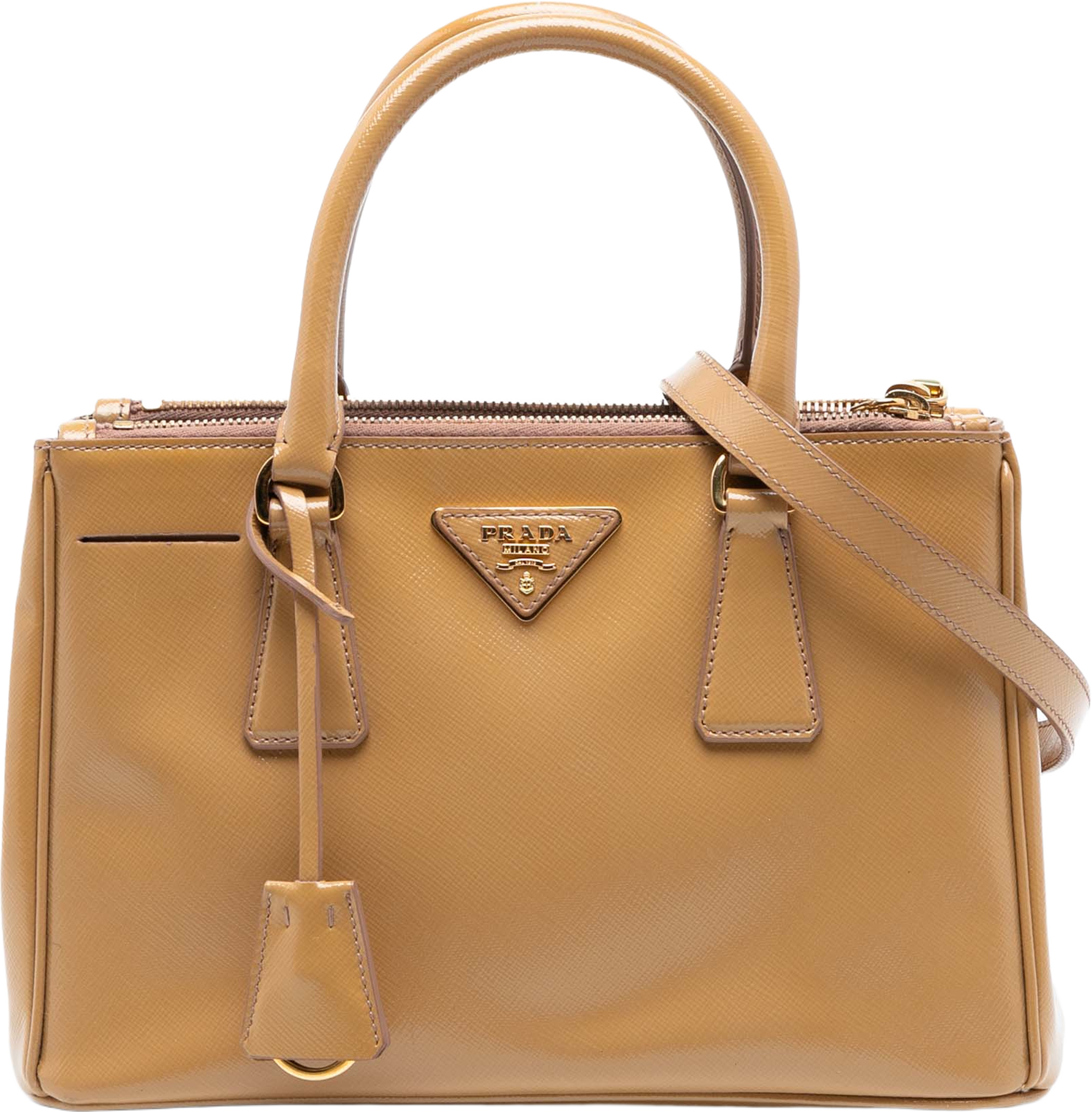 Prada Small Saffiano Vernice Galleria Double Zip Satchel, från Luxclusif, i färgen camel. Klicka för att öppna bilden i stort format