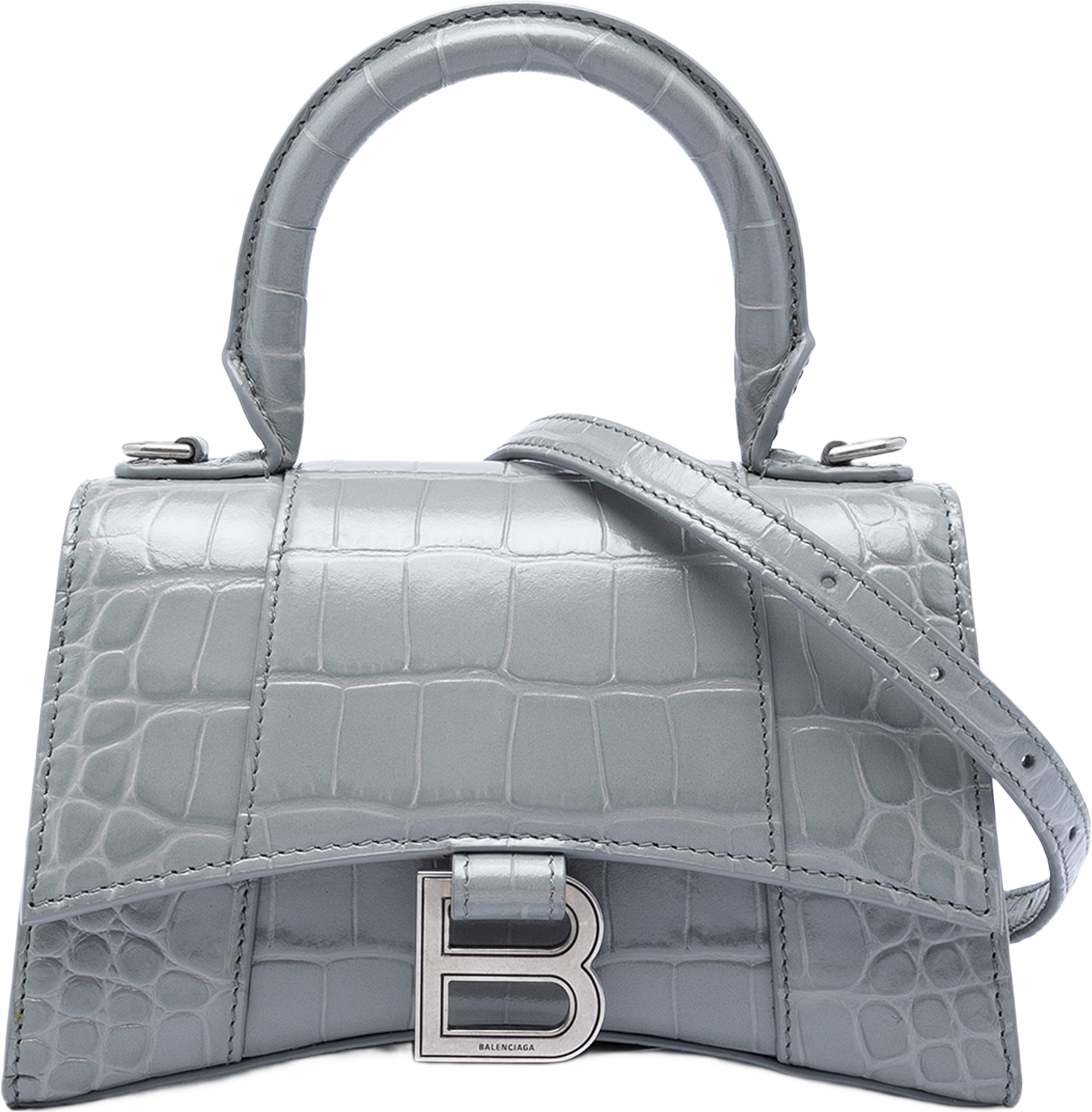 Balenciaga Croc Embossed Calfskin Hourglass Top Handle Bag Xs, från Luxclusif, i färgen grå. Klicka för att öppna bilden i stort format