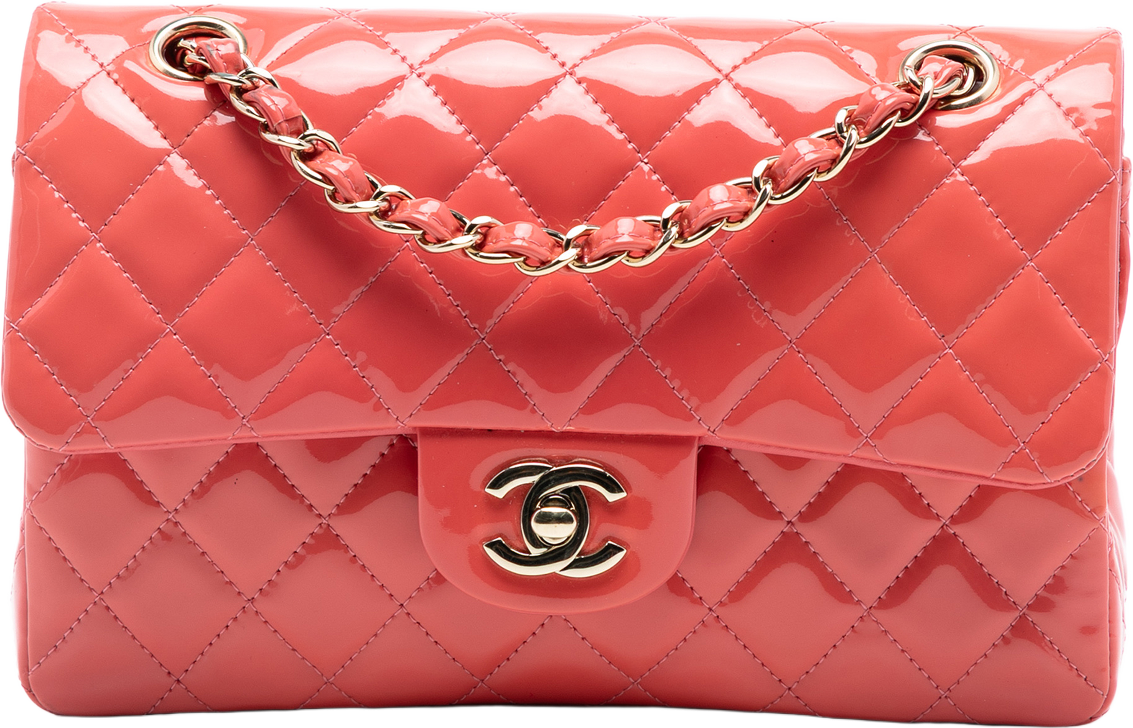 Chanel Small Classic Patent Double Flap, från Luxclusif, i färgen blush. Klicka för att öppna bilden i stort format