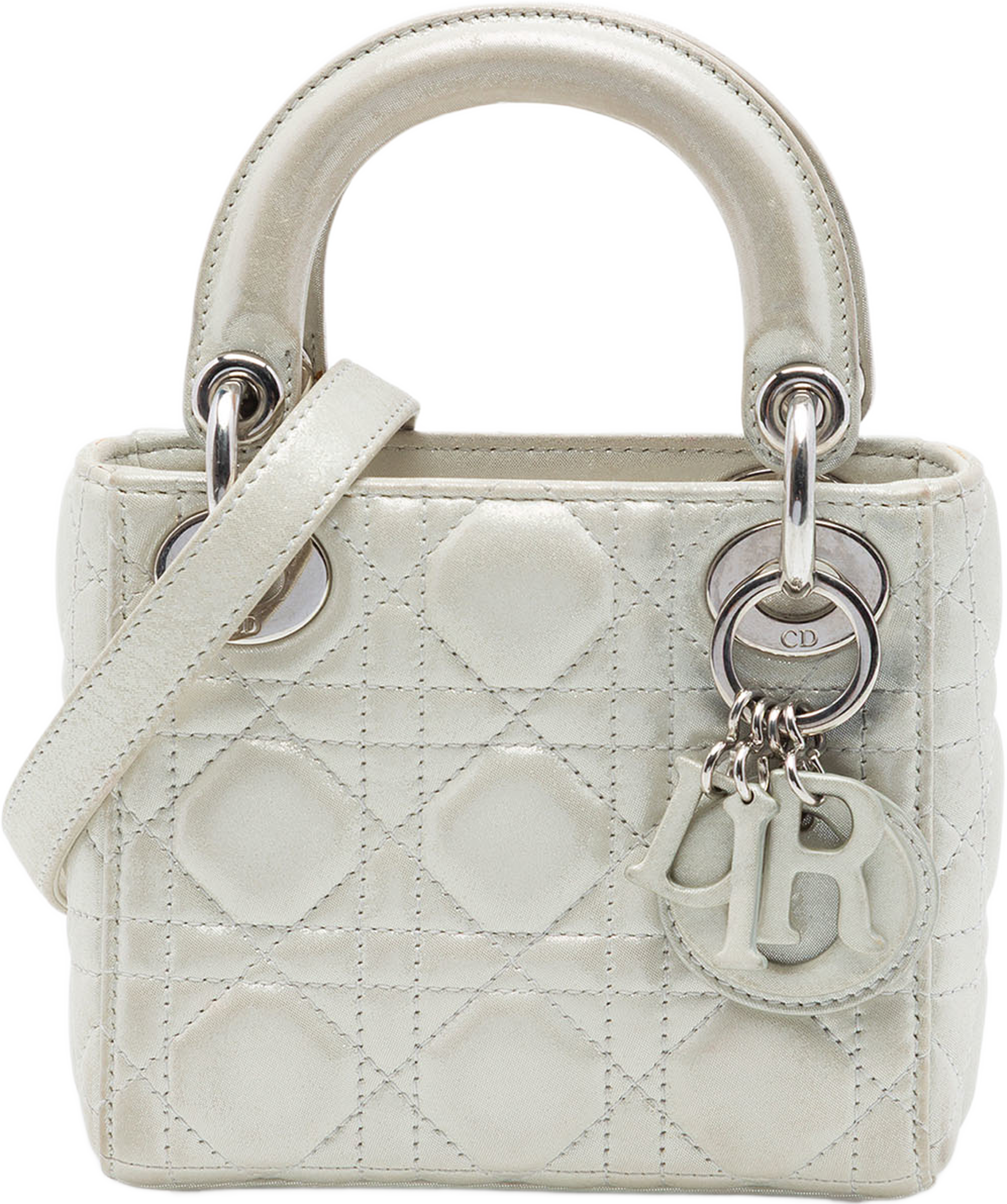 Dior Micro Iridescent Lambskin Cannage Lady Dior, från Luxclusif, i färgen silver. Klicka för att öppna bilden i stort format