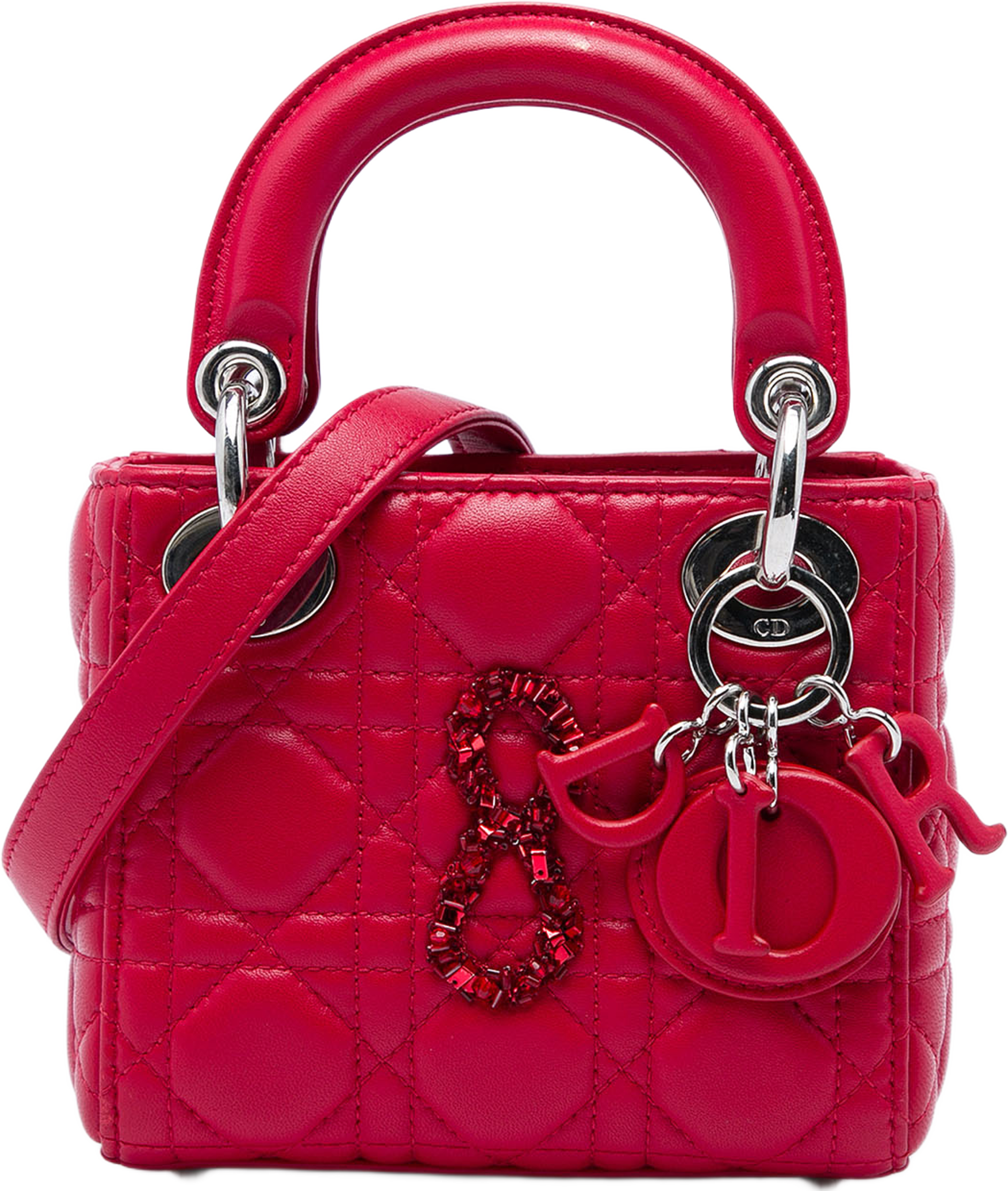 Dior Mini Lambskin Cannage 8 Crystal Lady Dior, från Luxclusif, i färgen röd. Klicka för att öppna bilden i stort format