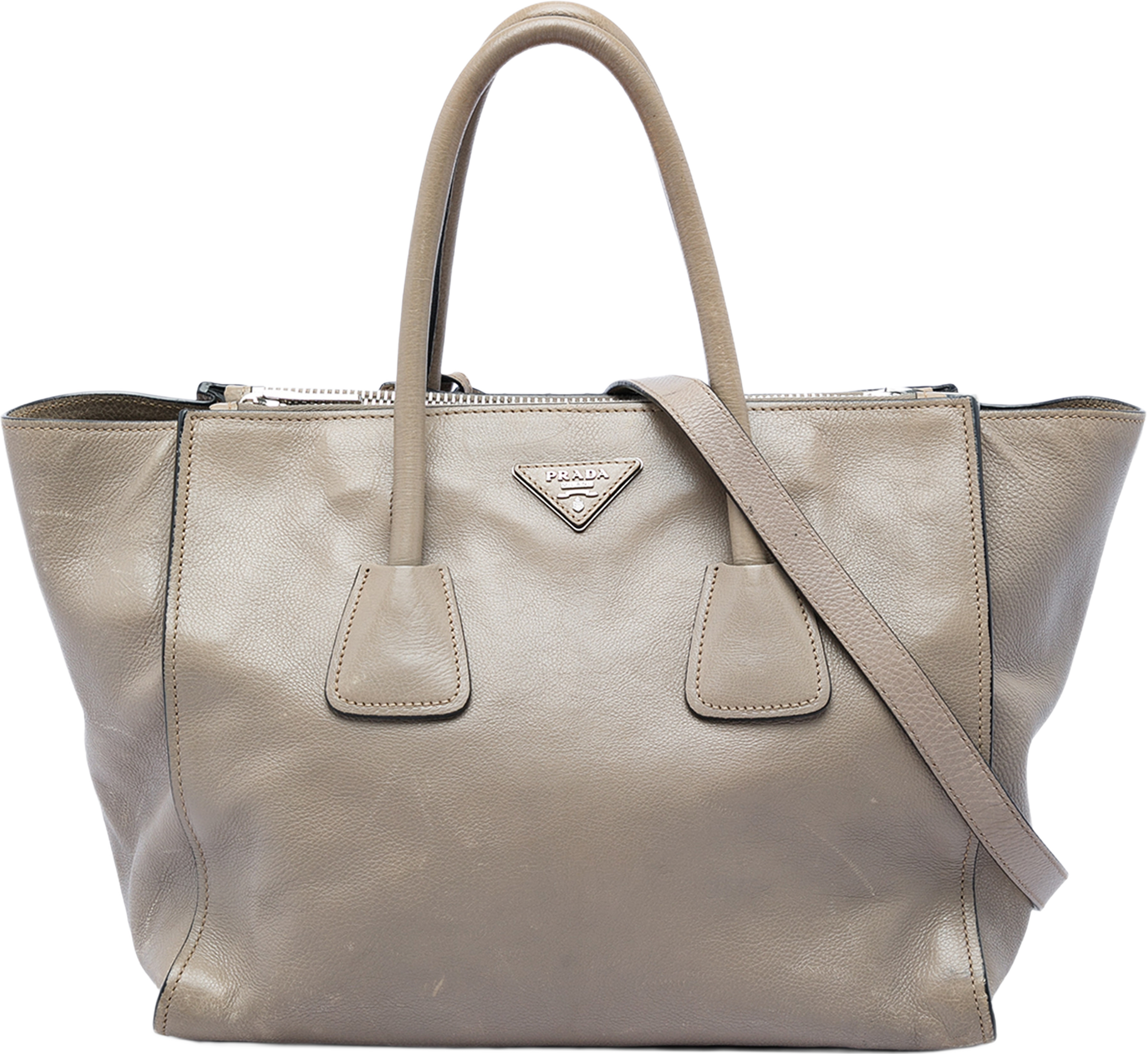 Prada Glace Calf Twin Pocket Double Handle Satchel, från Luxclusif, i färgen brun. Klicka för att öppna bilden i stort format