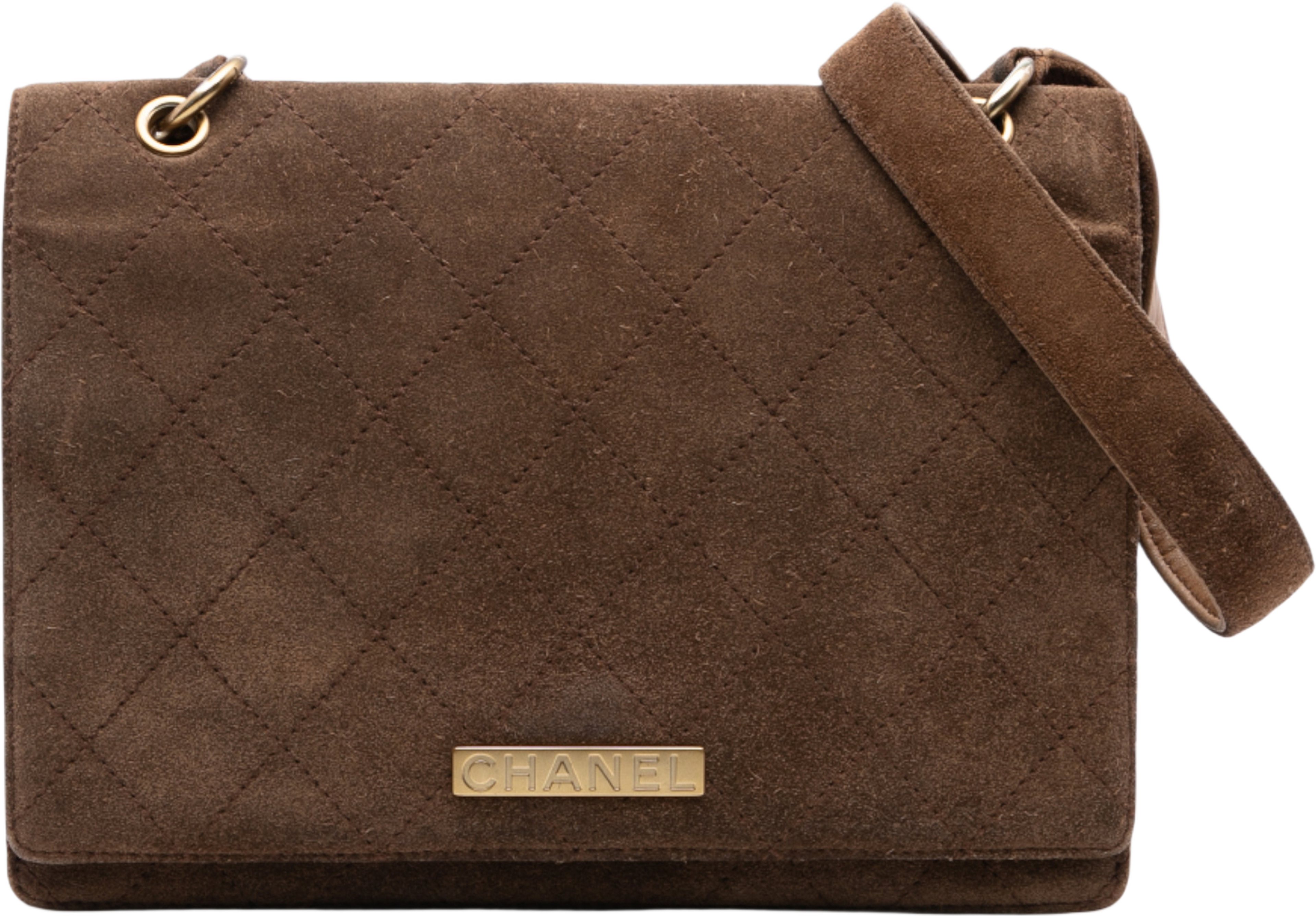 Chanel Quilted Suede Flap Crossbody, från Luxclusif, i färgen brown. Klicka för att öppna bilden i stort format