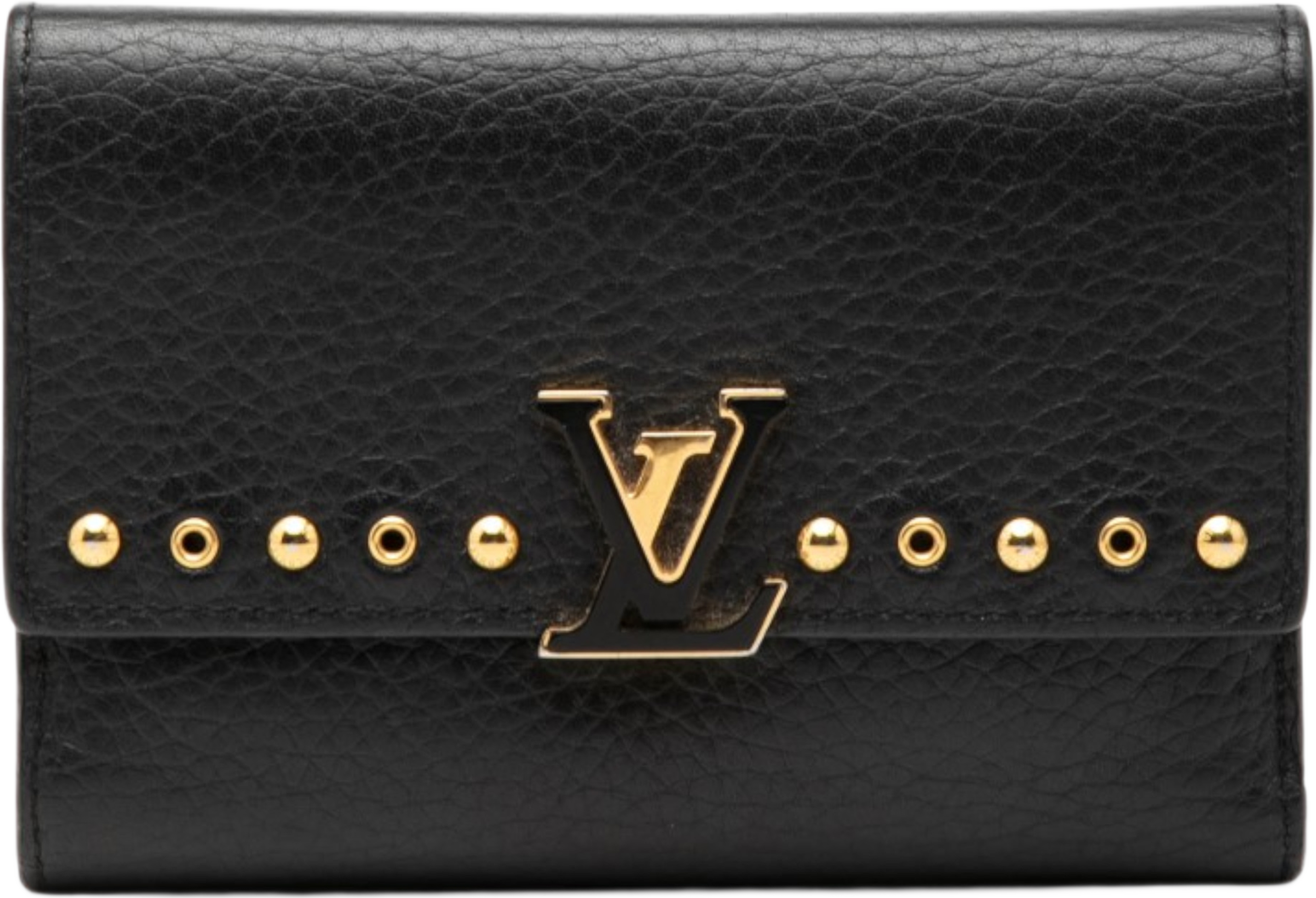 Louis Vuitton Studded Taurillon Capucines Compact Wallet, från Luxclusif, i färgen black. Klicka för att öppna bilden i stort format