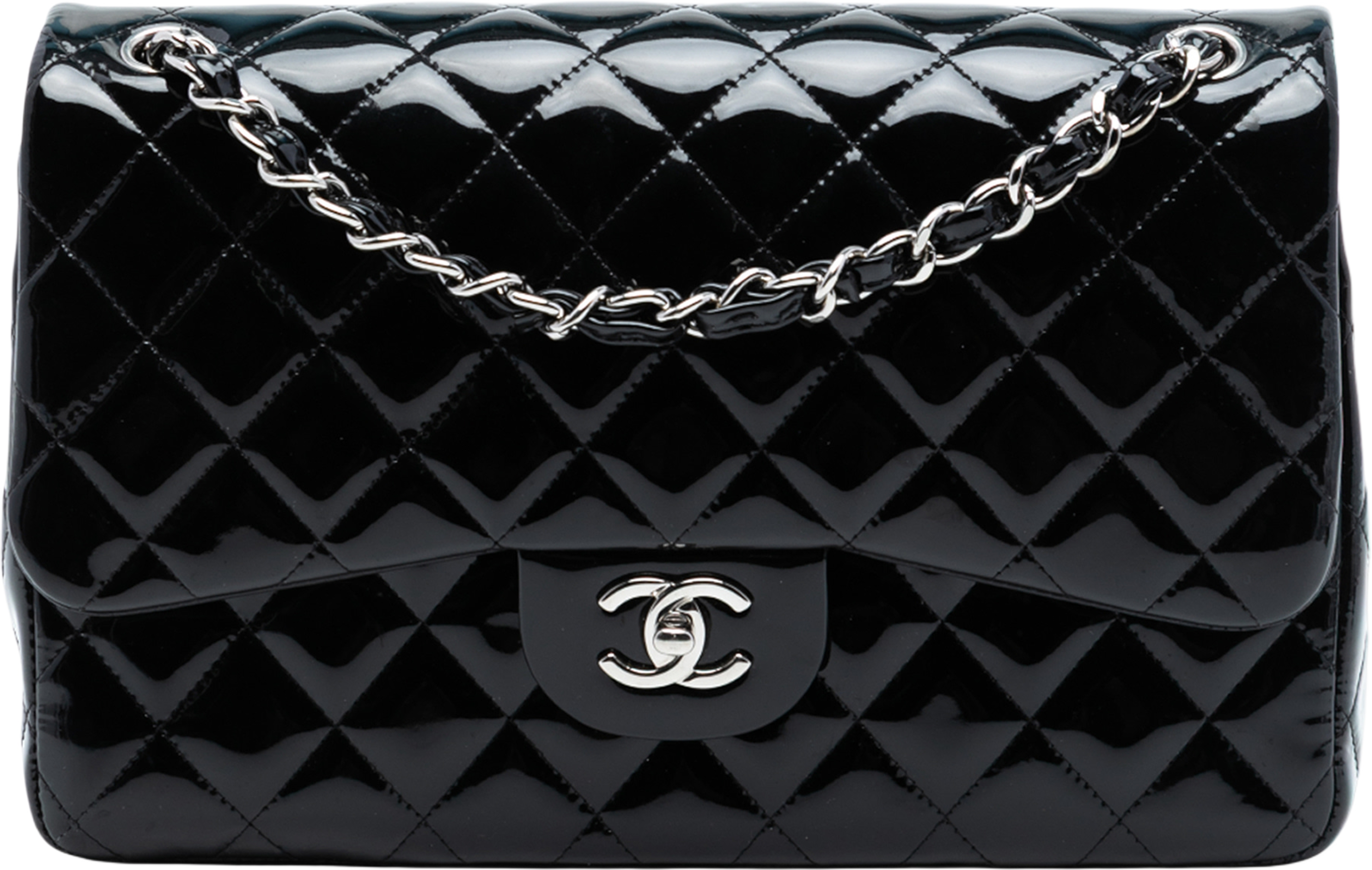 Chanel Jumbo Classic Patent Double Flap, från Luxclusif, i färgen black. Klicka för att öppna bilden i stort format