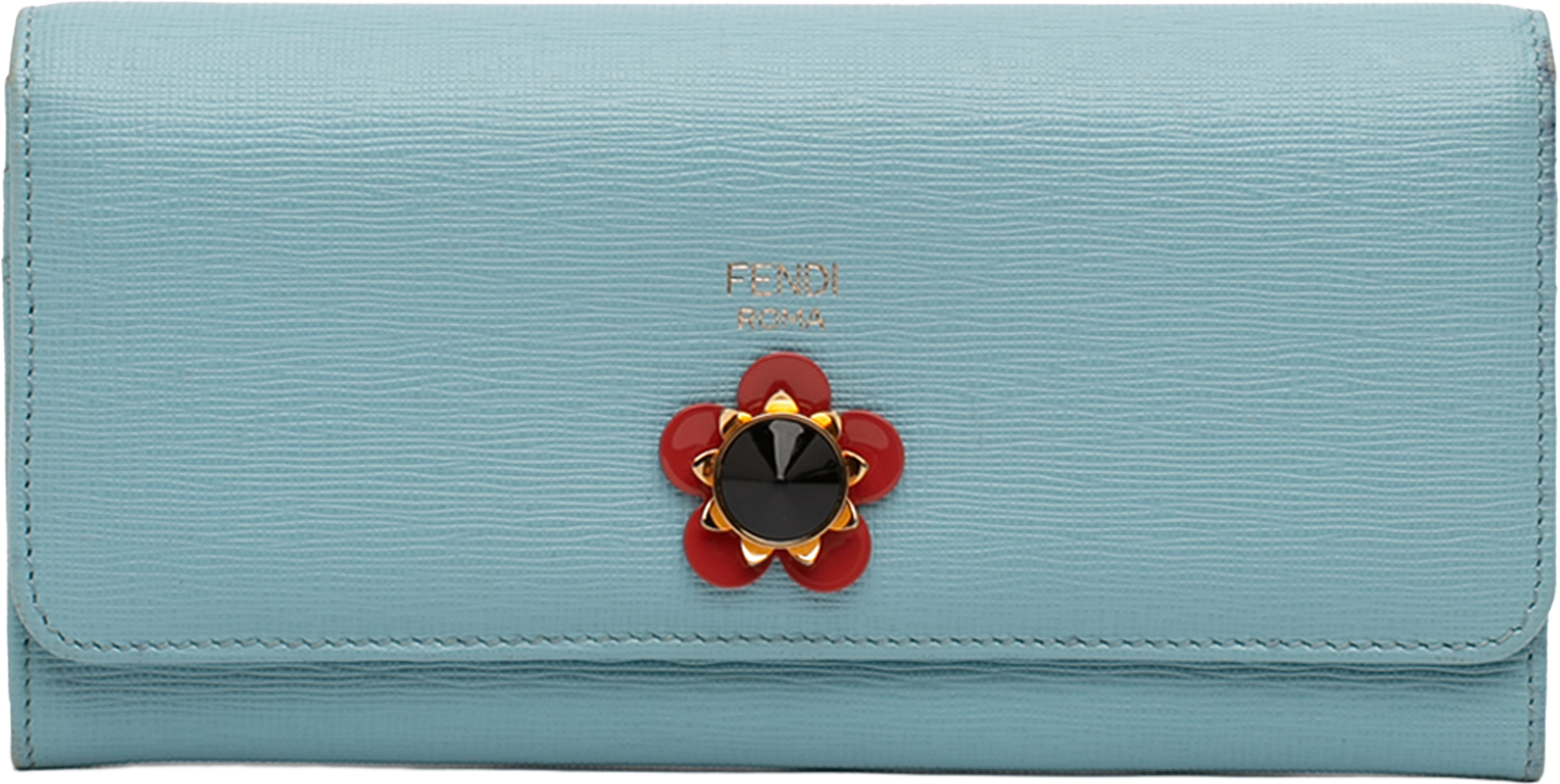 Fendi Leather Flowerland Continental Long Wallet, från Luxclusif, i färgen light blue. Klicka för att öppna bilden i stort format