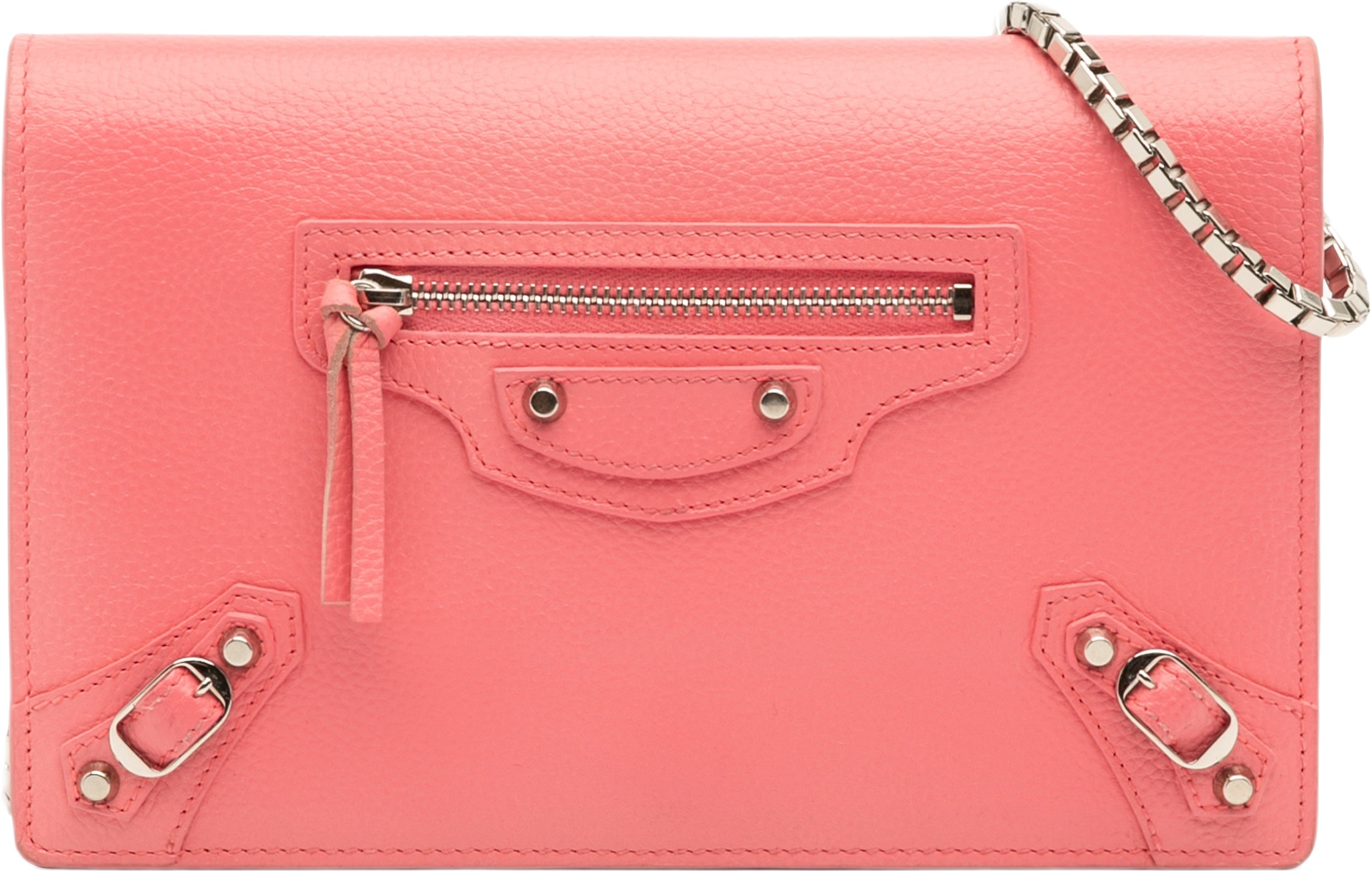 Balenciaga Grained Calfskin Motocross Classic Wallet On Chain, från Luxclusif, i färgen pink. Klicka för att öppna bilden i stort format