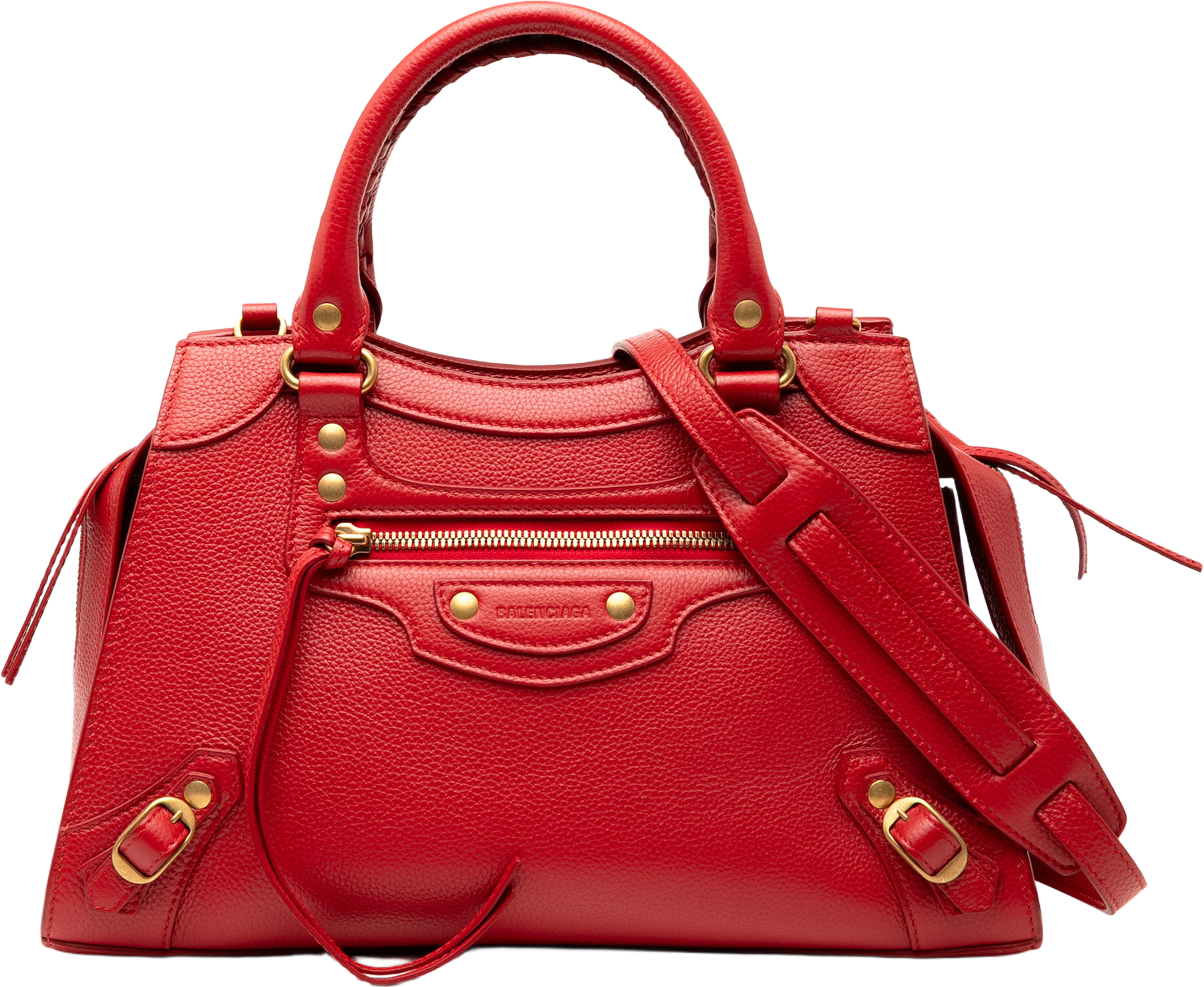 Balenciaga Small Grained Calfskin Motocross Neo Classic City Satchel, från Luxclusif, i färgen red. Klicka för att öppna bilden i stort format