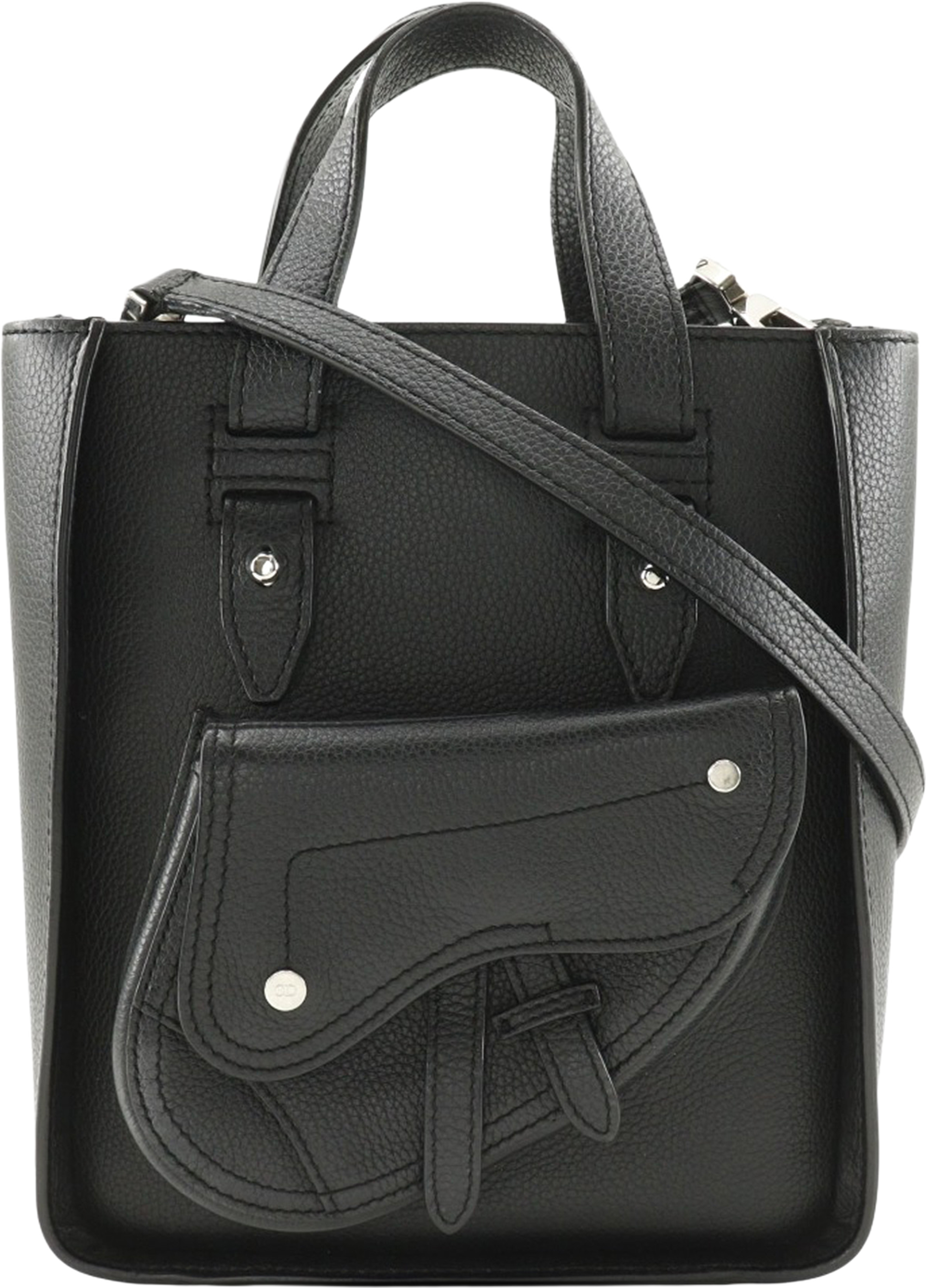 Dior Mini Grained Calfskin Saddle Tote, från Luxclusif, i färgen black. Klicka för att öppna bilden i stort format