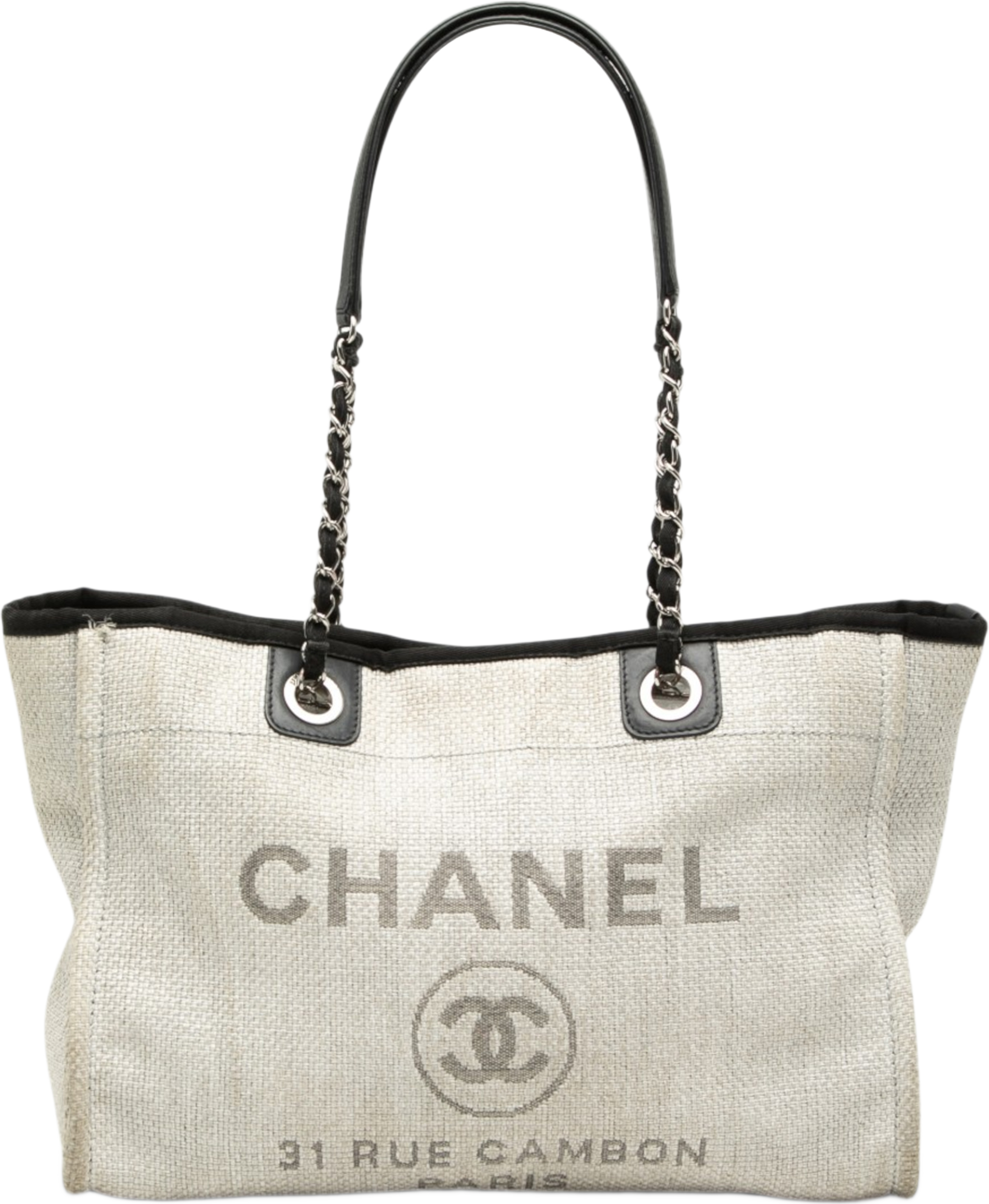 Chanel Small Canvas Deauville Tote, från Luxclusif, i färgen light gray. Klicka för att öppna bilden i stort format