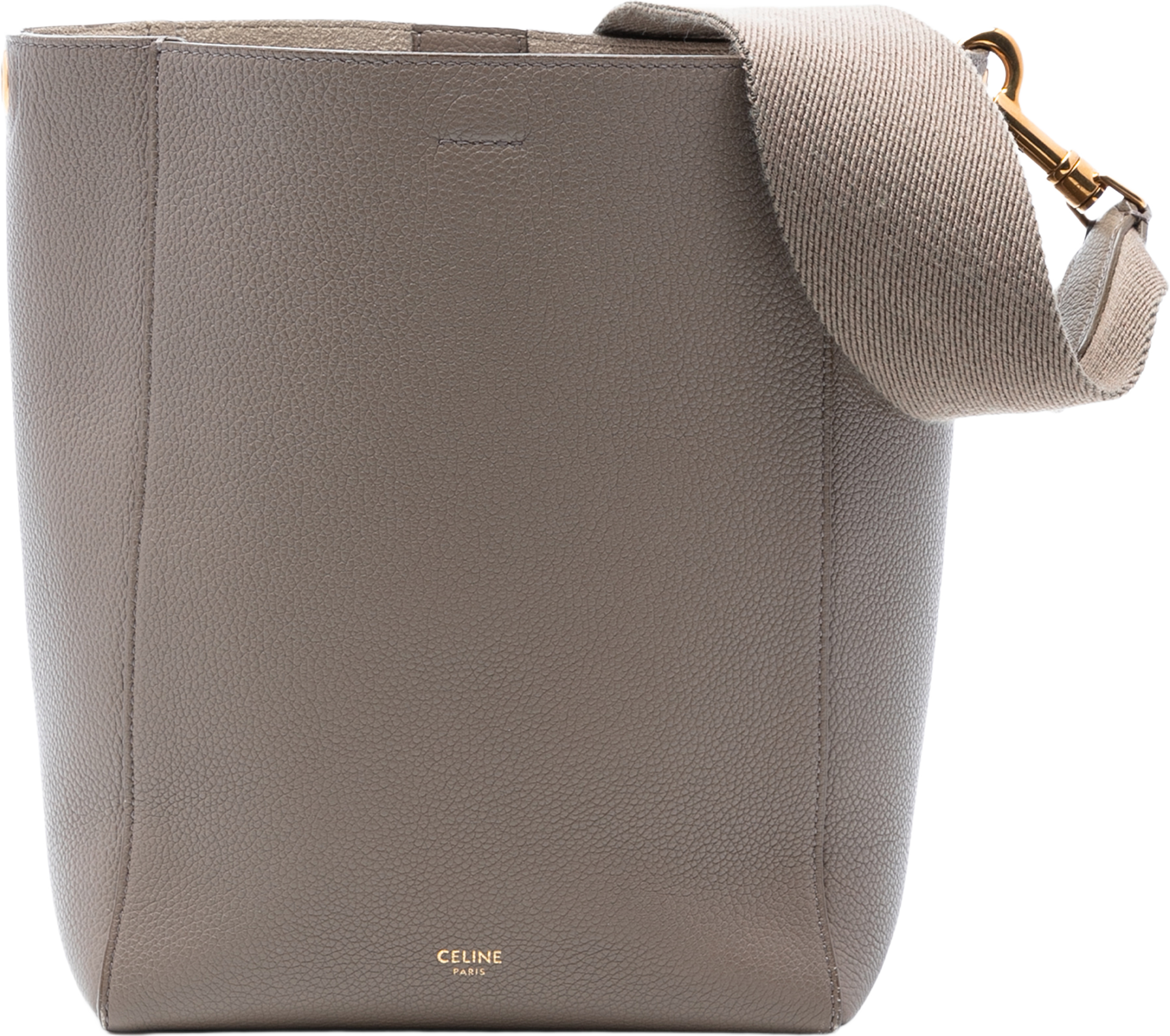 Celine Small Soft Grained Calfskin Seau Sangle Bucket Bag, från Luxclusif, i färgen taupe. Klicka för att öppna bilden i stort format