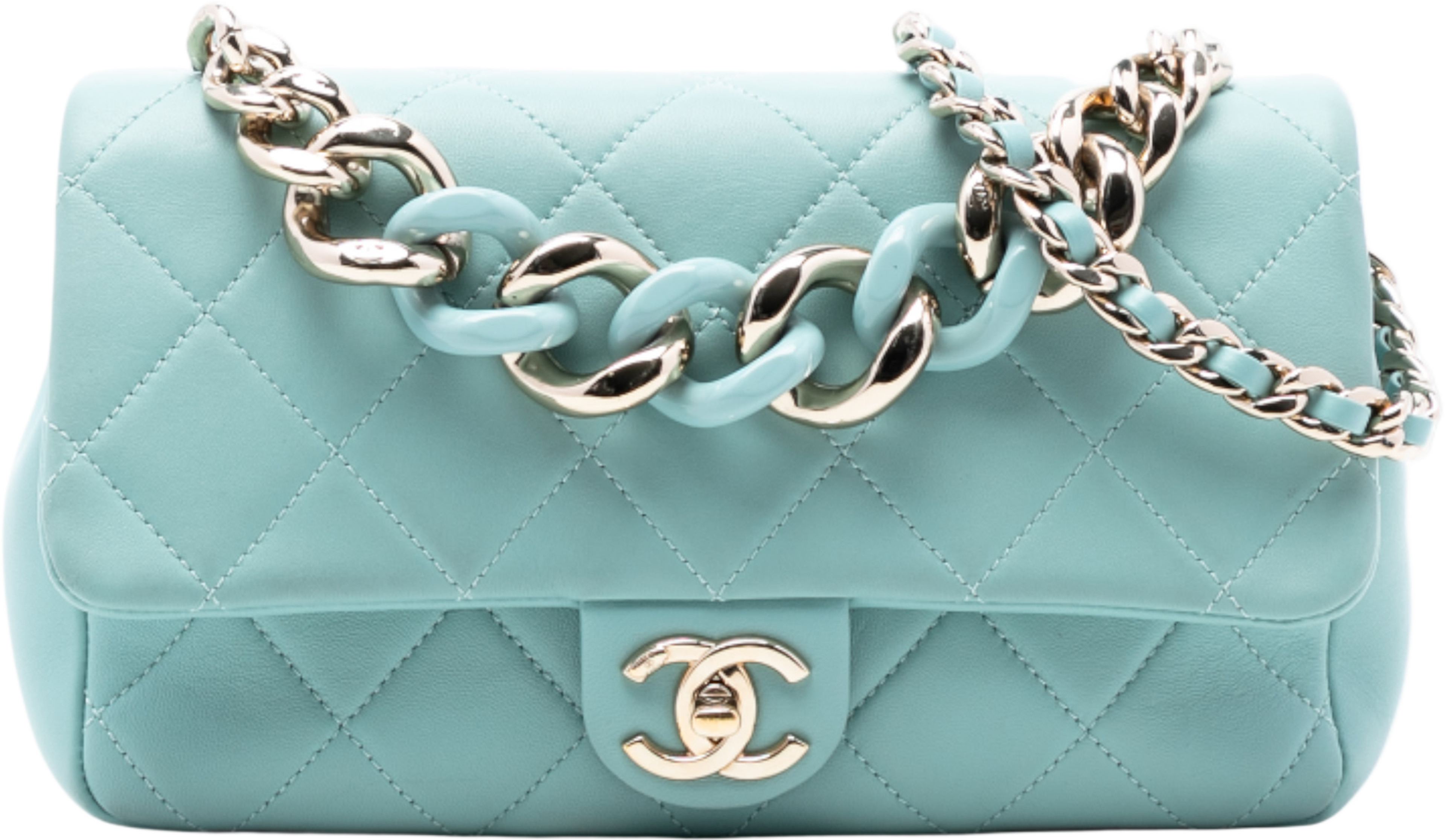 Chanel Small Lambskin Elegant Chain Single Flap, från Luxclusif, i färgen turquoise. Klicka för att öppna bilden i stort format