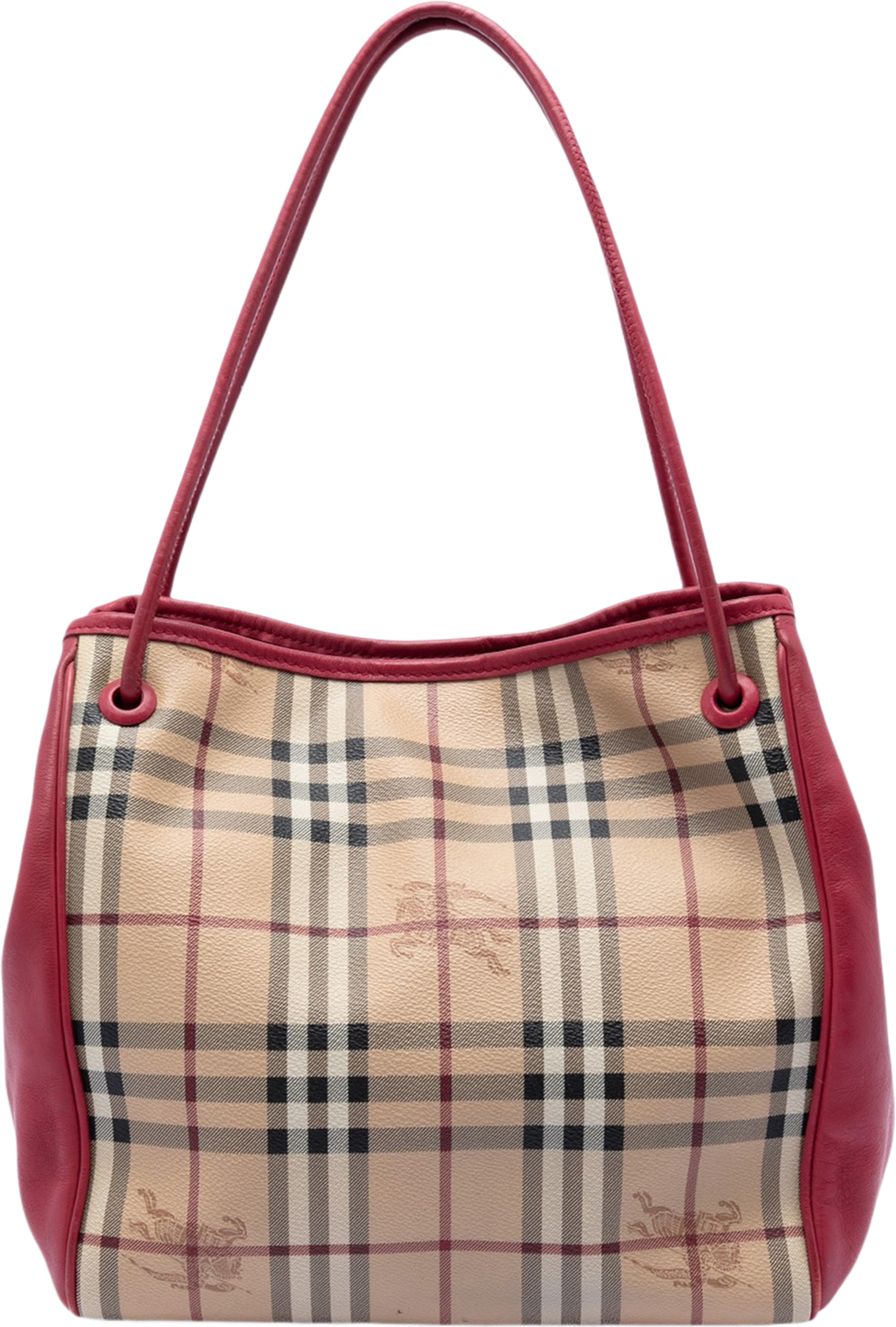 Burberry Small Haymarket Check Coated Canvas And Calfskin Canterbury Tote, från Luxclusif, i färgen röd. Klicka för att öppna bilden i stort format