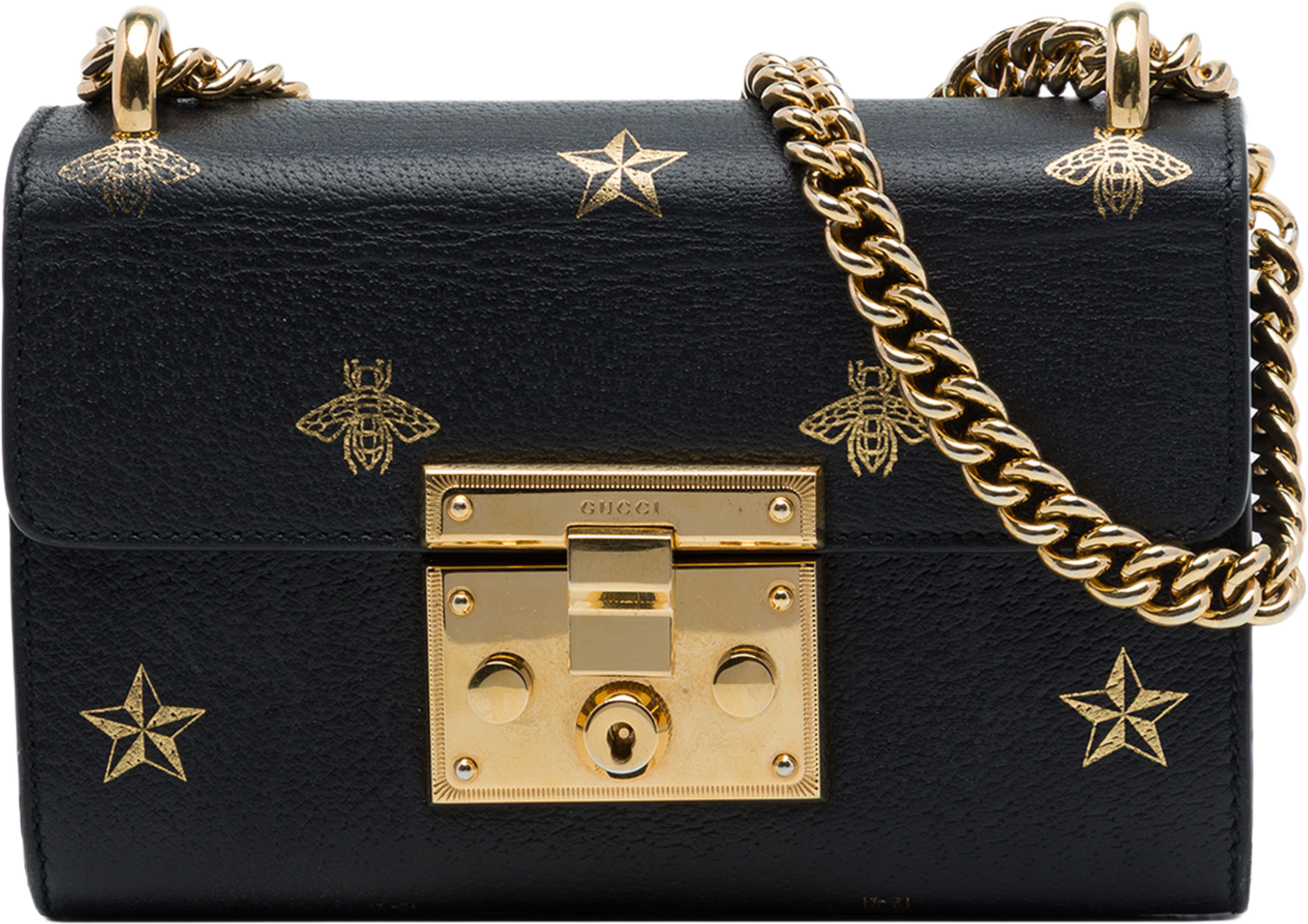 Gucci Small Calfskin Bee Star Padlock Crossbody, från Luxclusif, i färgen svart. Klicka för att öppna bilden i stort format