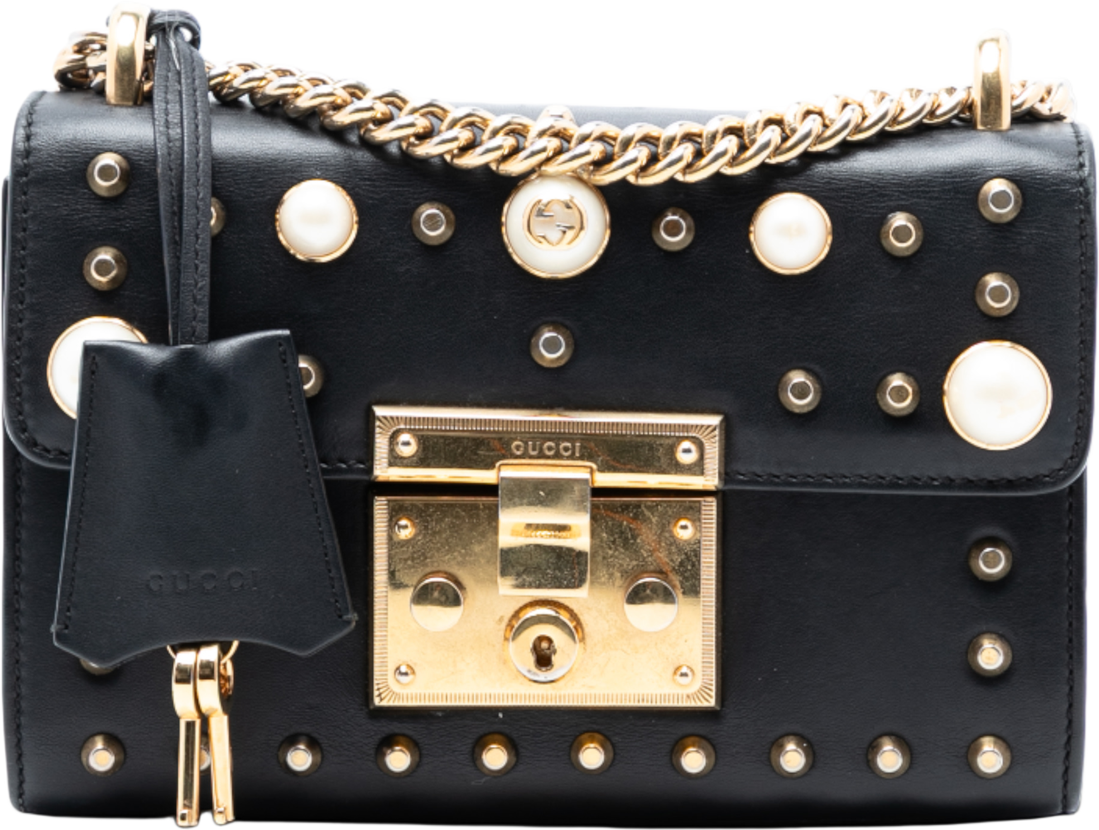 Gucci Small Pearl Studded Leather Padlock Crossbody, från Luxclusif, i färgen black. Klicka för att öppna bilden i stort format
