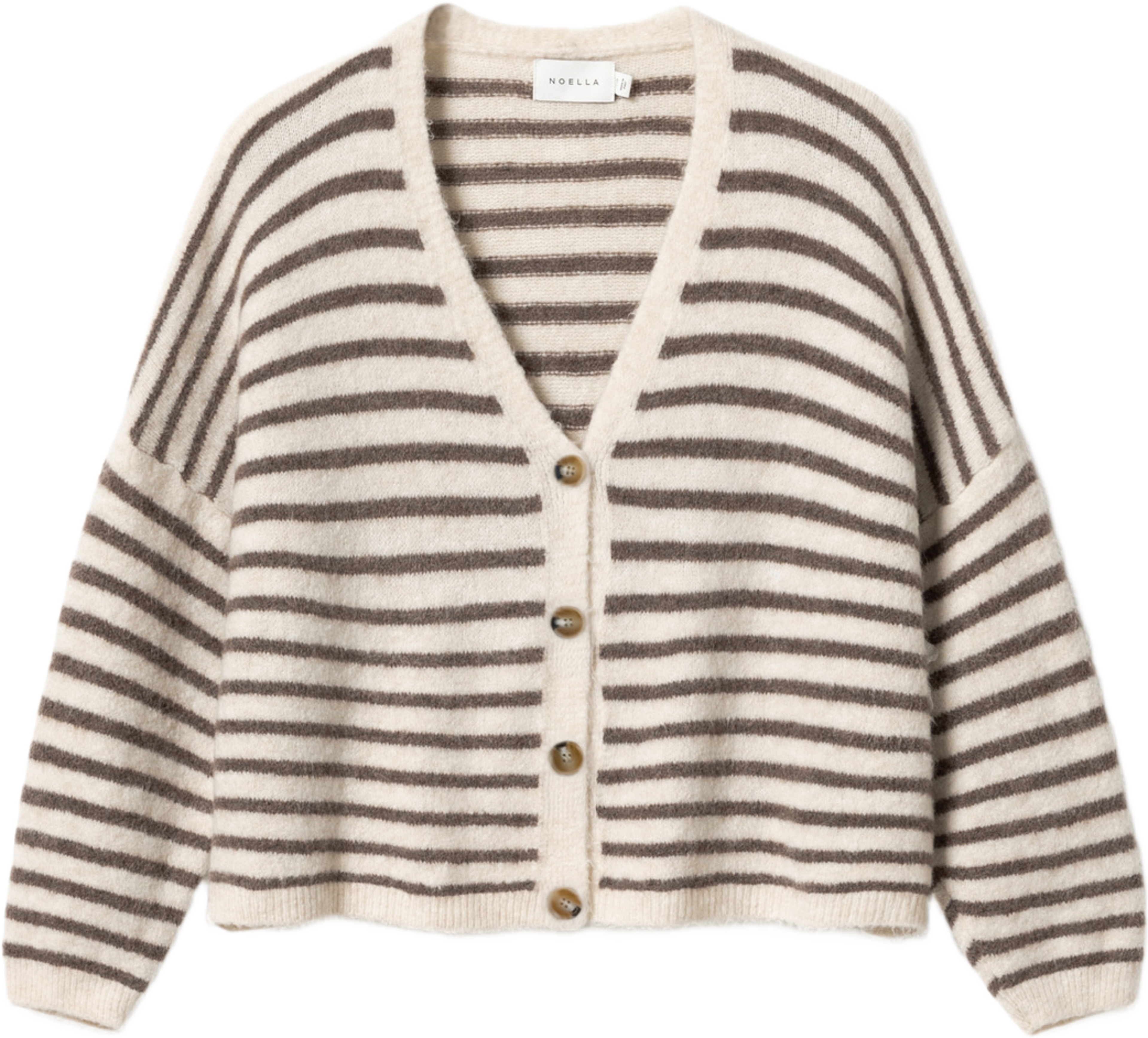N-lenda Knit Cardigan - Brown Ivory Stripe, från Noella, i färgen brown ivory stripe. Klicka för att öppna bilden i stort format