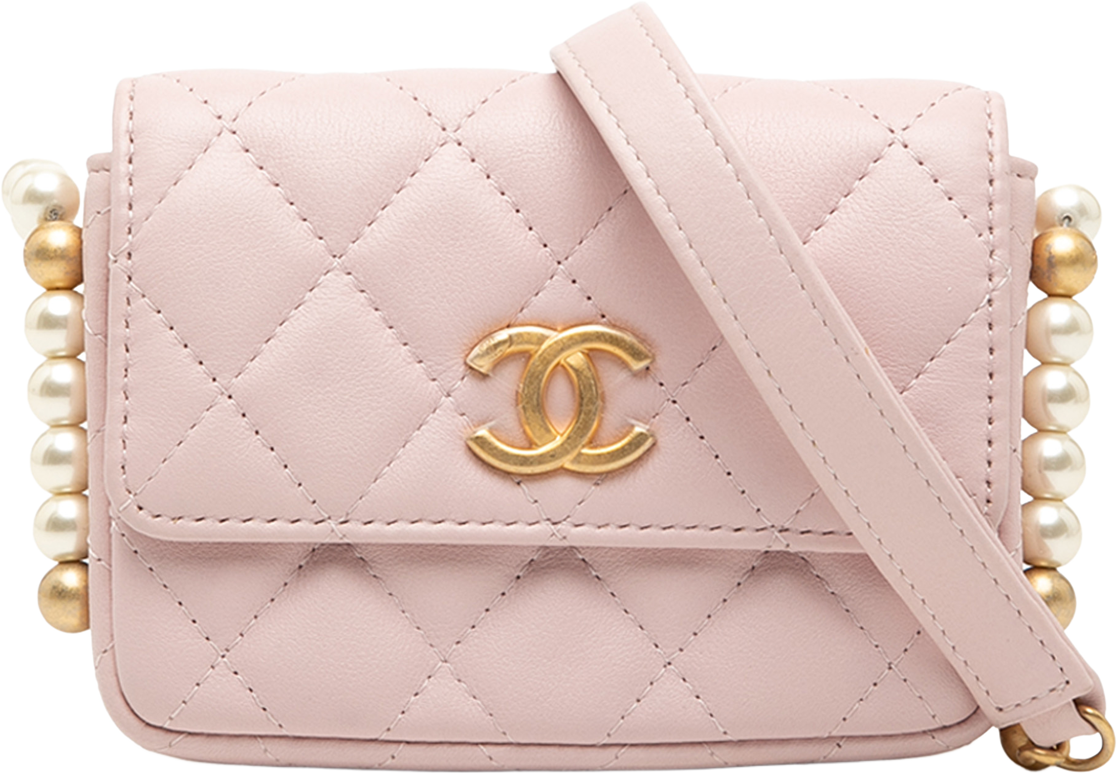 Chanel Quilted Lambskin About Pearls Card Holder On Chain, från Luxclusif, i färgen pink. Klicka för att öppna bilden i stort format