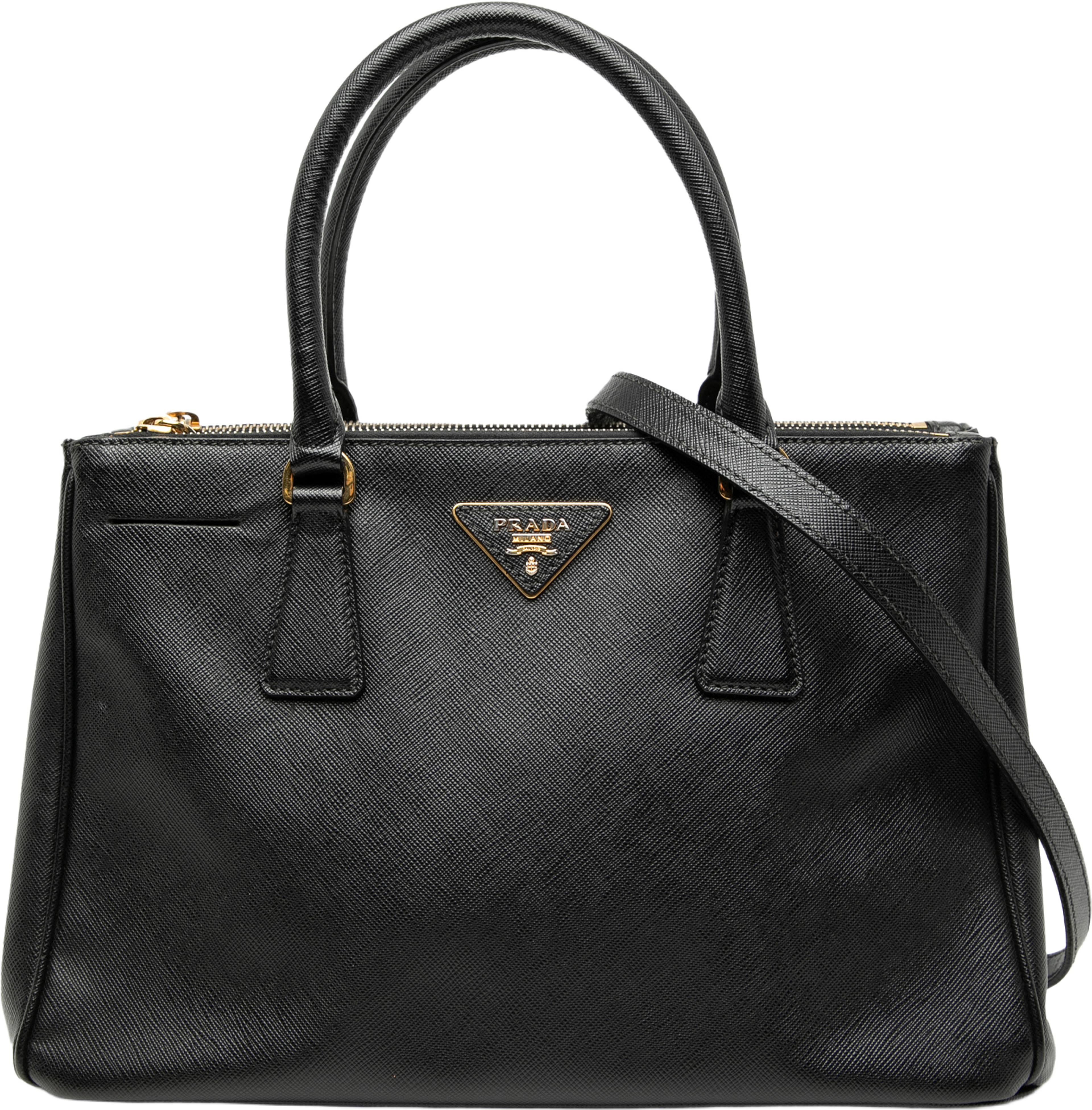 Prada Small Saffiano Lux Galleria Double Zip Satchel, från Luxclusif, i färgen black. Klicka för att öppna bilden i stort format