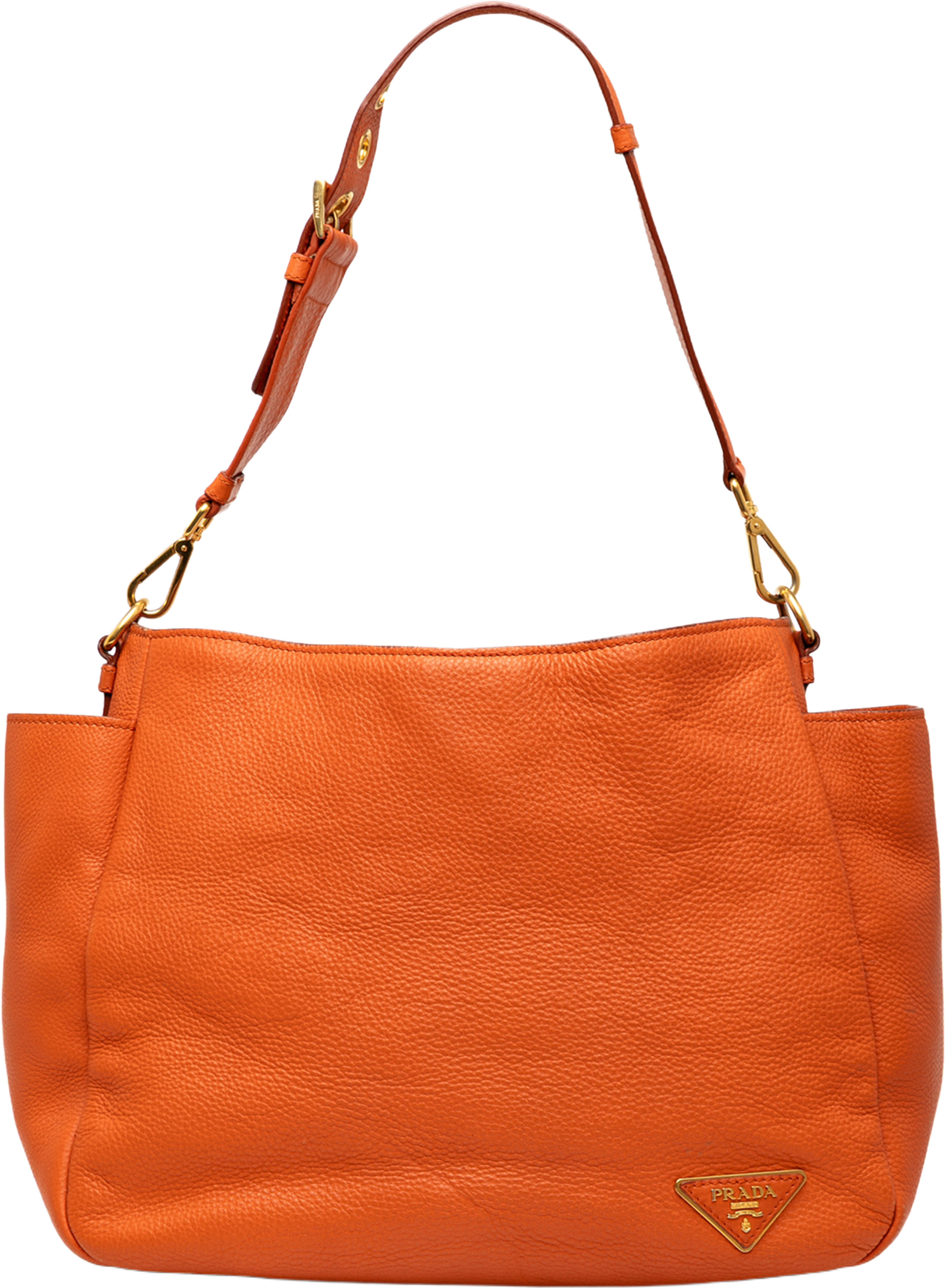 Prada Vitello Daino Side Pocket Shoulder Bag, från Luxclusif, i färgen orange. Klicka för att öppna bilden i stort format