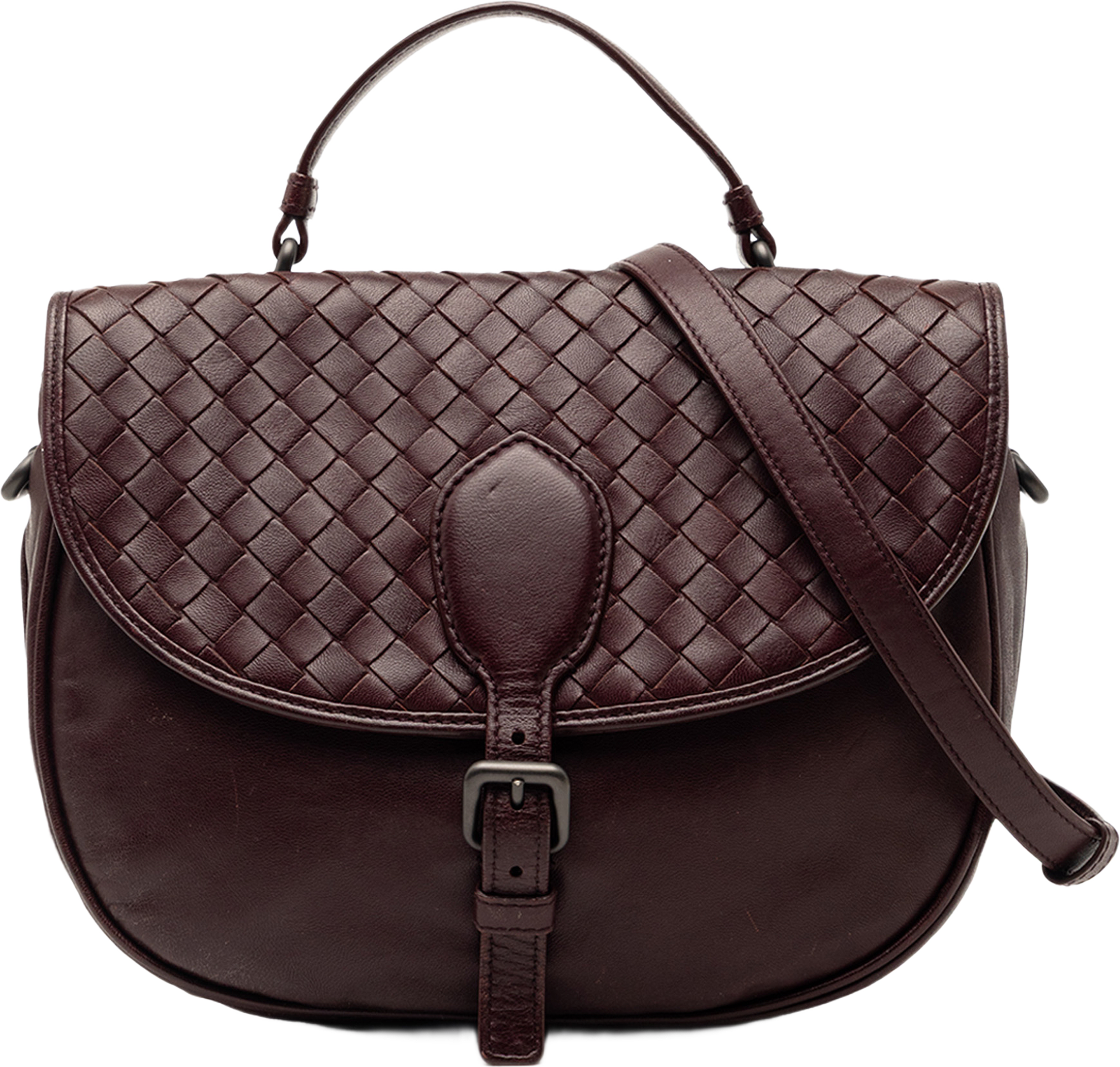 Bottega Veneta Intrecciato Trimmed Leather Double Sided Flap Satchel, från Luxclusif, i färgen burgundy. Klicka för att öppna bilden i stort format