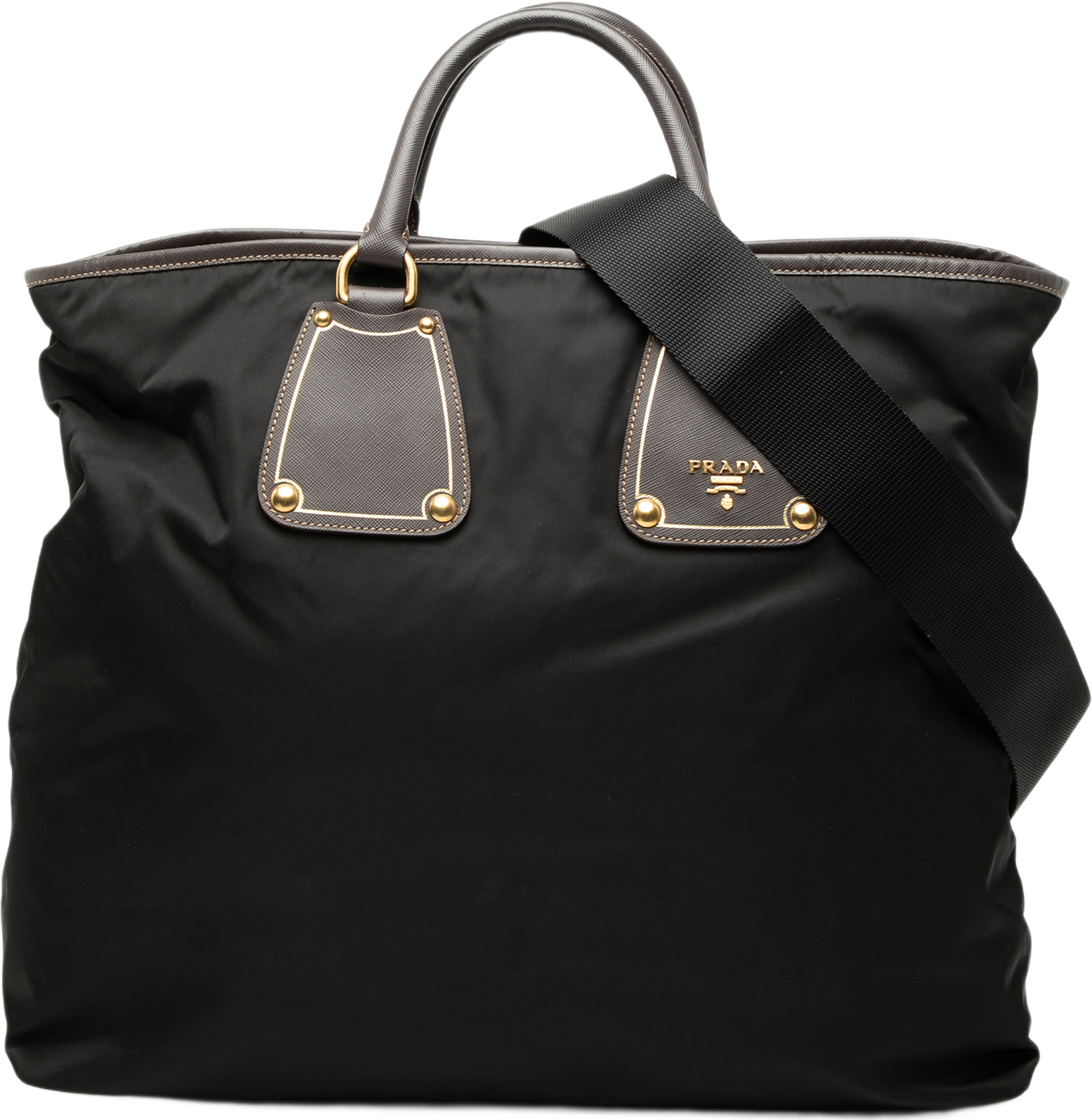 Prada Saffiano Trimmed Tessuto Satchel, från Luxclusif, i färgen black. Klicka för att öppna bilden i stort format